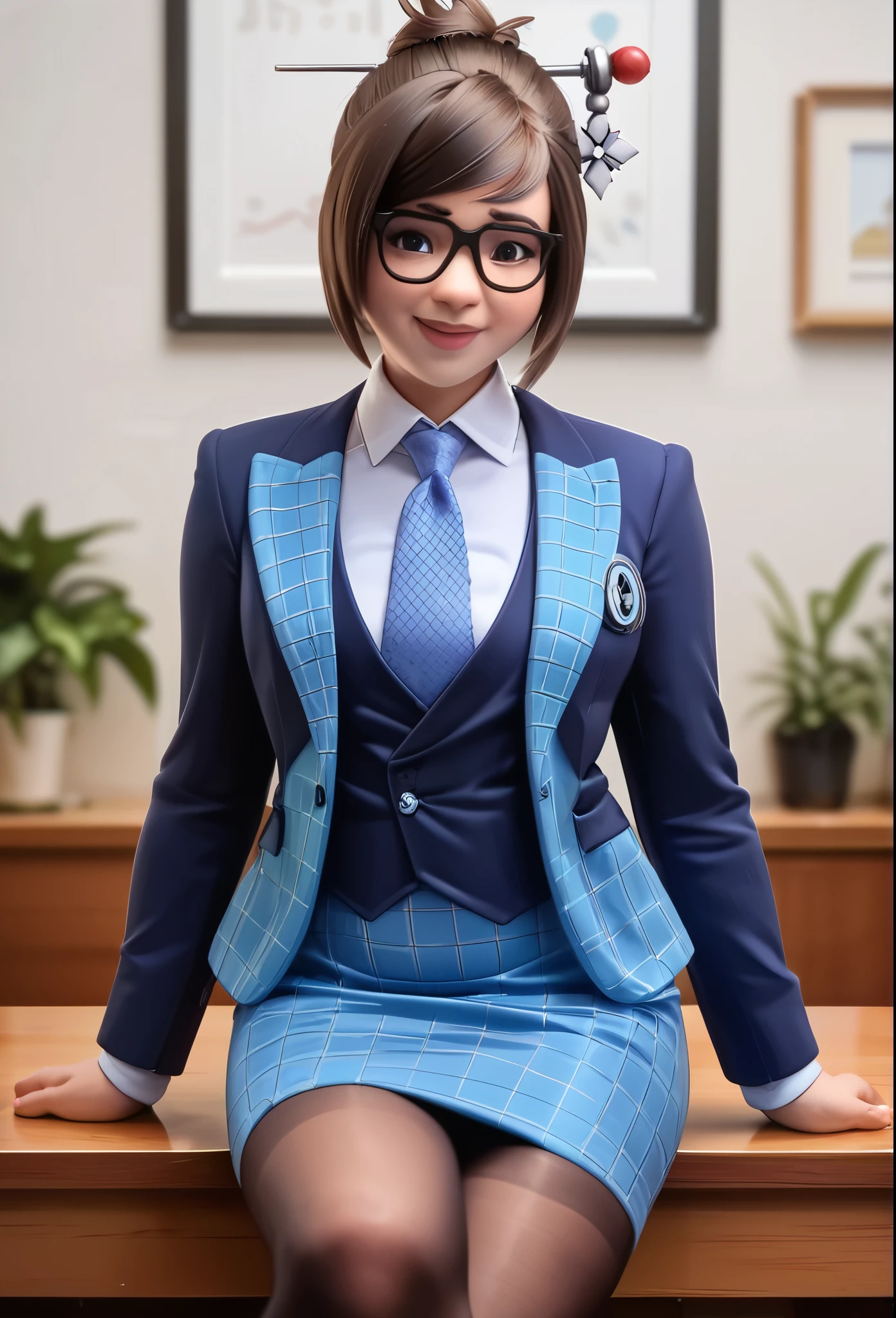 score_9, score_8_up, score_7_up, score_6_up, score_5_up, score_4_up, 3d, owmei, black-framed eyewear, hair bun, smile, shy
three-piece suit, ((waistcoat)), blue plaid skirt suit, dress shirt, bronze necktie, blazer, suit jacket, bodycon pencil skirt, (shirt with white collar), white shirt collar, contrast collar, suit trim, makeup, lipstick, high heels, black pantyhose, sitting on desk, hand on knee, elegant, cheeky, crossed legs, holding jacket lapel, hexagon pattern