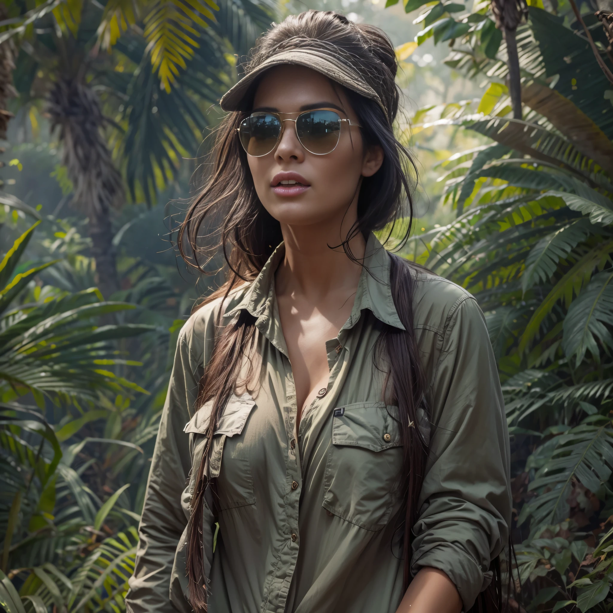  ((Best quality)), ((masterpiece)), ((realistic)), ((Girl walking in jungle)), looking tired, wearing Loose-fitting clothing Long-sleeved shirts and pants, Headgear, Sunglasses, very beautiful, in a natural and casual style on eye level, scenic, elevated view, sweat patches, damp clothing, sweaty and humid, (highres), original, extremely detailed 8K , (photorealistic:1.4),flawless face, perfect eyes,symmetrica body shape,smile, charley.atwell 