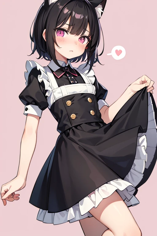 Male, black hair、Very short hair and droopy eyes、Pink eyes, cat ears, blushing face, young, short sleeves、Short skirt length、Maid uniform