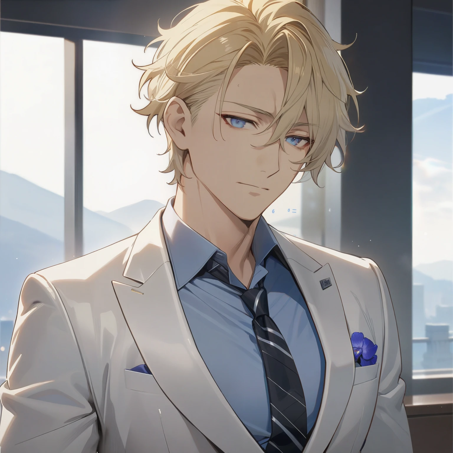 male, super detail, god,blond hair,icy eyes, handsome, solo,seductive,High Resolution, Short Hair, Best Quality, wearing suit, Masterpiece, square jaw, male focus,small smile,cool,flirt,buttoned up shirt,tie,white suit,tareme, small iris,mature,masculine,yana toboso,wavy hair