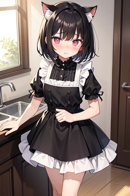 Male, black hair、Very short hair and droopy eyes、Pink eyes, cat ears, blushing face, young, short sleeves、Short skirt length、Maid uniform