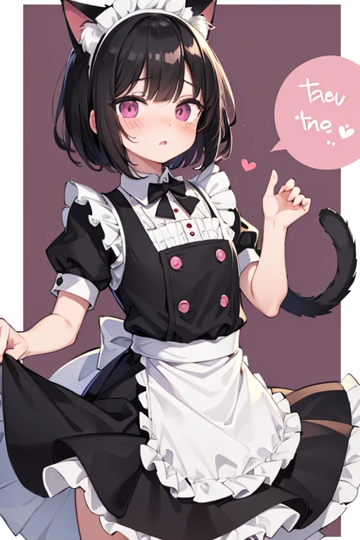 Male, black hair、Very short hair and droopy eyes、Pink eyes, cat ears, blushing face, young, short sleeves、Short skirt length、Maid uniform