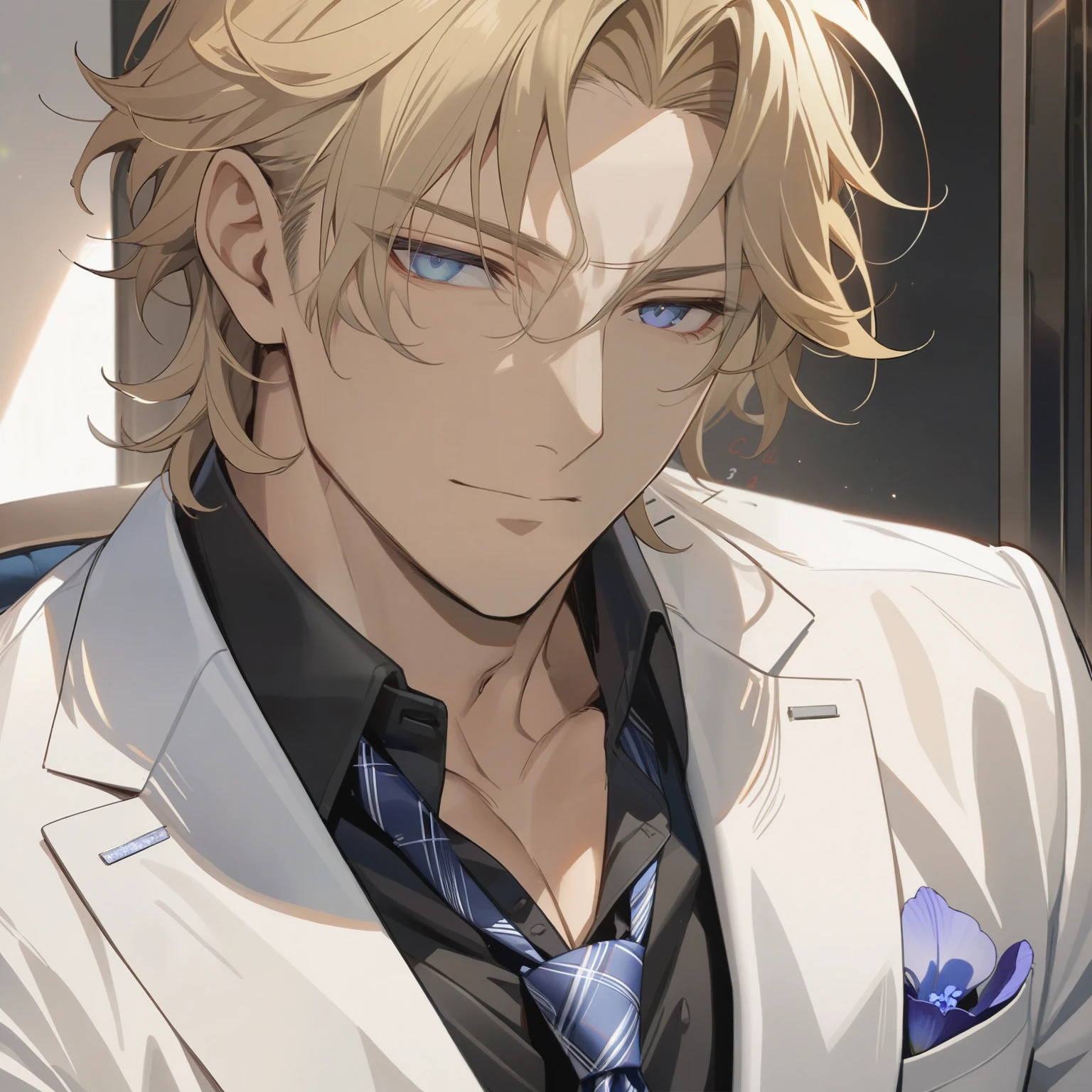 male, super detail, god,blond hair,icy eyes, handsome, solo,seductive,High Resolution, Short Hair, Best Quality, wearing suit, Masterpiece, square jaw, male focus,small smile,cool,flirt,buttoned up shirt,tie,white suit,tareme, small iris,mature,masculine,yana toboso,wavy hair