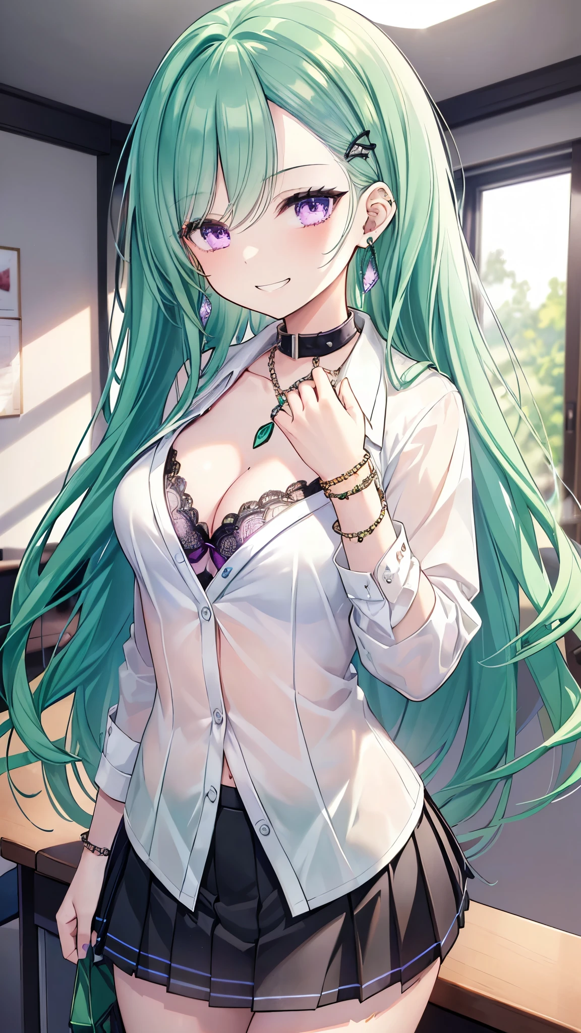 ((masterpiece、Best Quality、Very detailed))、One girl、emerald green hair、Long Hair、Purple eyes、evil smile、((Grin))、Earrings、Large Breasts、((White collared shirt))、((open clothes))、((clavicle))、cleavage、((black bra))、bracelet、((Black pleated skirt))、((micro miniskirt))、Cowboy Shot、((Dimly lit room))、Classroom Background