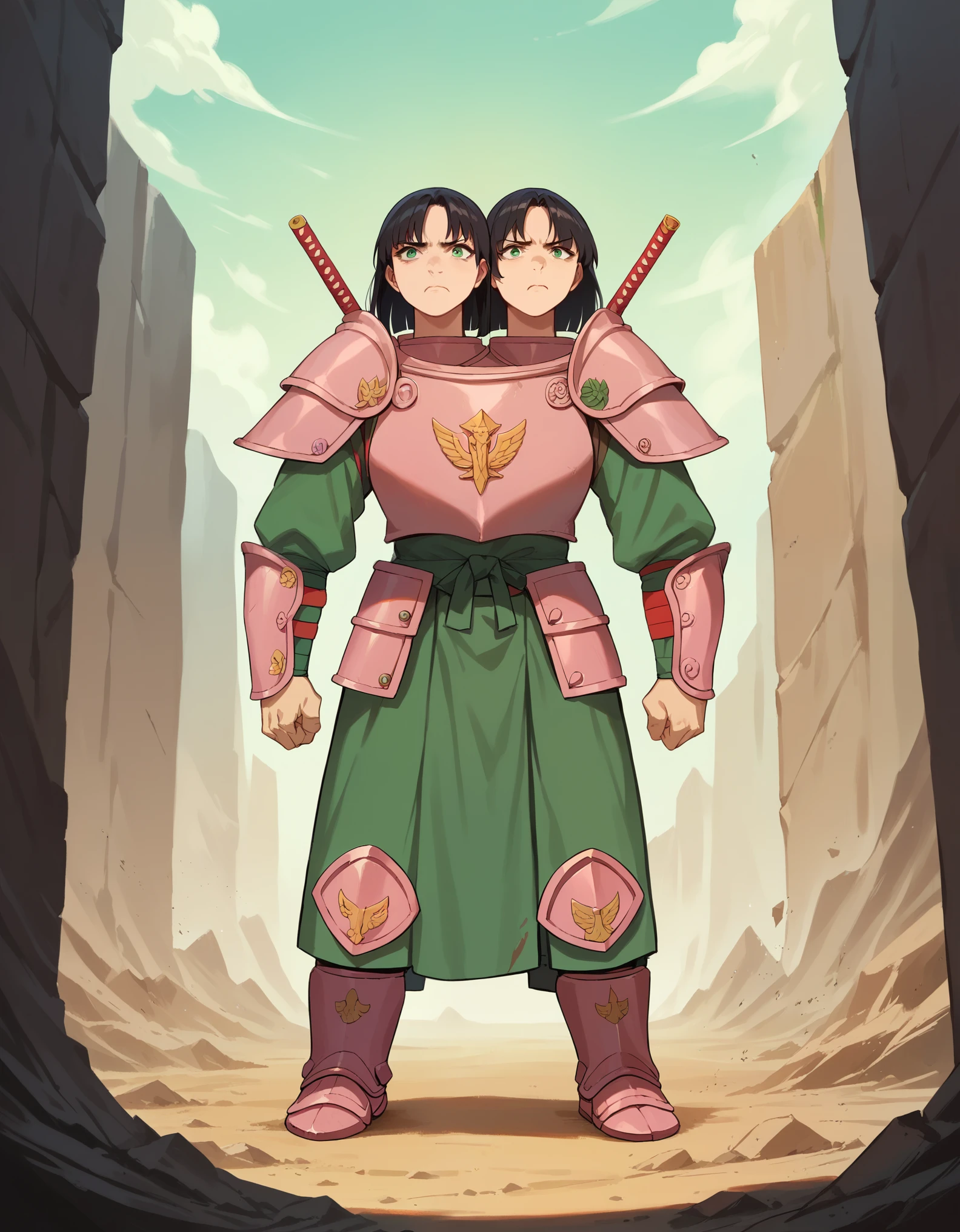 anime, (masterpiece, best quality), best resolution, two heads, 1girl, black hair, green eyes, closed mouth, relaxed, weary, determined, pink samurai armor, aftermath of a huge battle, full body shot