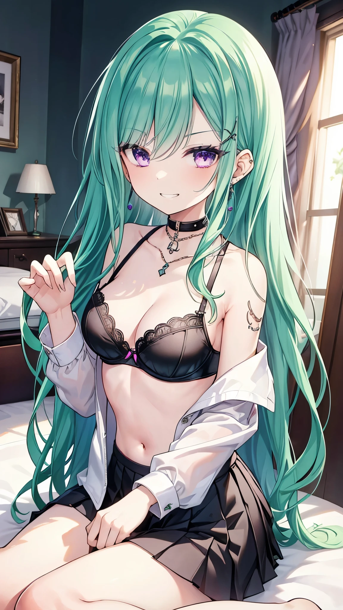 ((masterpiece、Best Quality、Very detailed))、One girl、emerald green hair、Long Hair、Purple eyes、evil smile、((Grin))、Earrings、Large Breasts、((White shirt))、((open clothes))、((clavicle))、((cleavage))、((black bra))、bracelet、((Black pleated skirt))、((micro miniskirt))、wariza、((Sit flat))、On the bed、((Dimly lit room))、Bedroom Background Backdrop