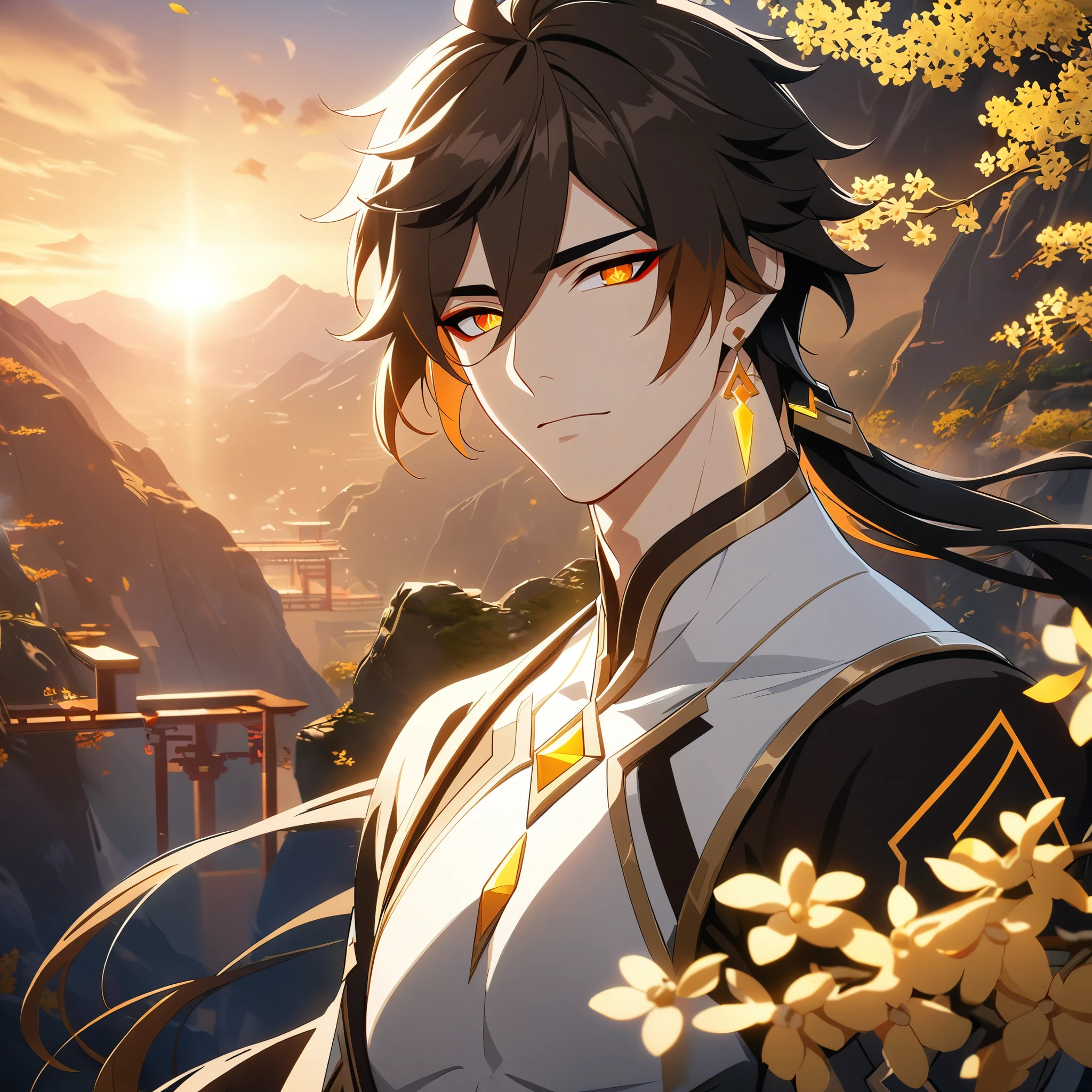 (best quality,4k,8k,highres,masterpiece:1.2),1boy, zhongli_/(archon/)_/(genshin_impact/),male focus,intricately detailed,realistic:.4,intense gold eyes,mature_male, narrow_waist,full body, by carnelian, cel shading, fantasy china background, liyue, mountains,look up at viewer, osmanthus flowers,male focus,solo,long hair,bangs,jewelry,earrings,ponytail,contemplative, thoughtful, calm, serene, red eyeliner, highly detailed eyes, volumetric lighting, sunset, golden illumination, wise and kind god,cinematic lighting, ray tracing, UHD, high details, high quality, award winning, super detail,vivid fantasy painting,hd color,seductive eyes,sexy eyes,lowered lashes,handsome man,small iris,honkai,godly,hot asian man,asian eyes,red eyeliner, guweiz