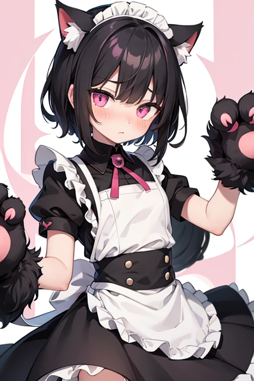 Male, black hair、Very short hair and droopy eyes、Pink eyes, cat ears, animal hands, blushing, young, short sleeves、The skirt is short、Maid uniform