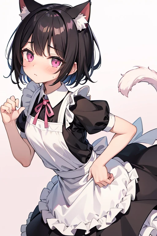 Male, black hair、Very short hair and droopy eyes、Pink eyes, cat ears, pink paws、Kemo hands, blushing, young, short sleeves、The skirt is short、Too much exposure、Maid uniform