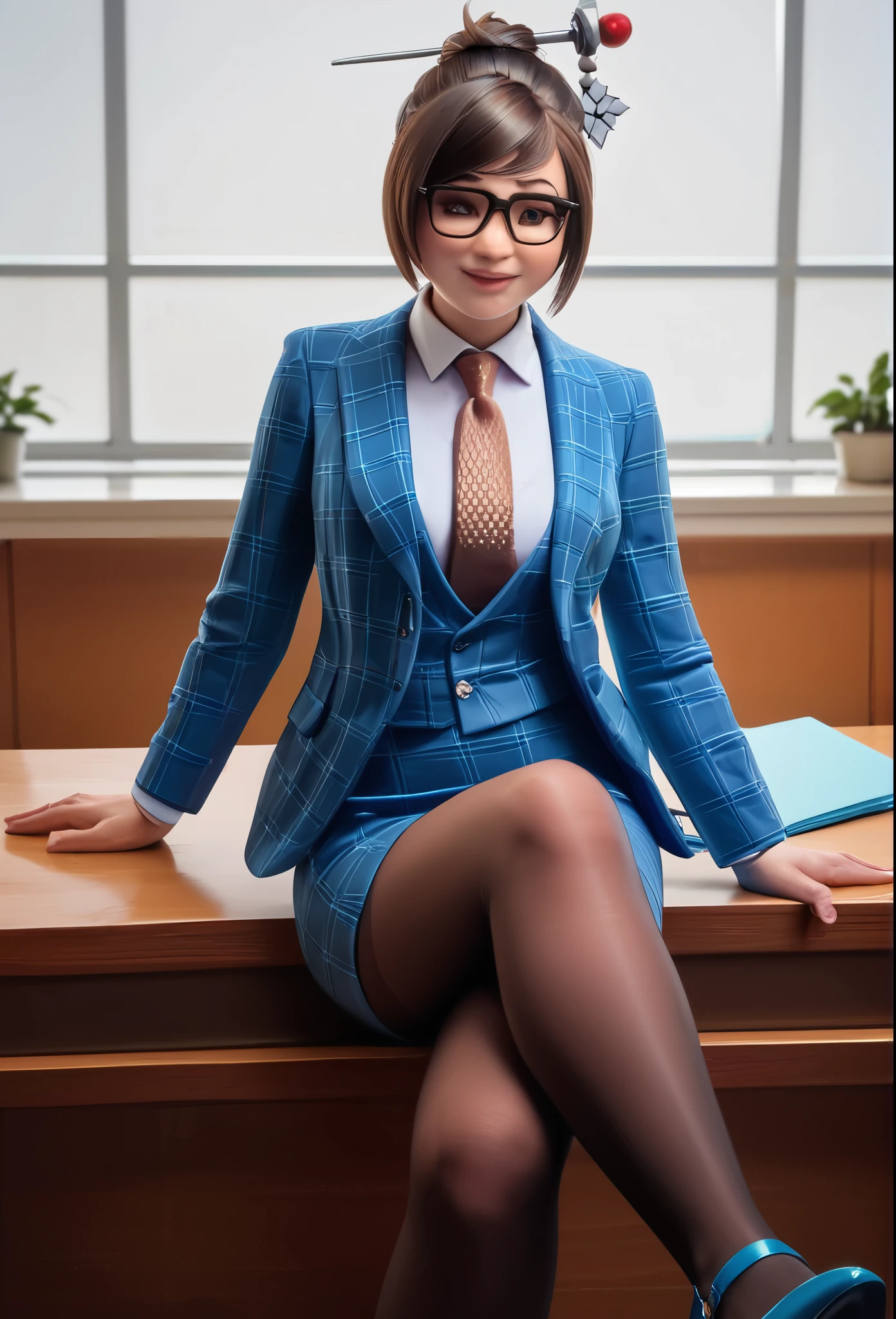 score_9, score_8_up, score_7_up, score_6_up, score_5_up, score_4_up, 3d, owmei, black-framed eyewear, hair bun, smile, shy
three-piece suit, ((waistcoat)), blue plaid skirt suit, dress shirt, metallic brown necktie, blazer, blue plaid suit jacket, bodycon pencil skirt, (shirt with white collar), white shirt collar, contrast collar, suit trim, makeup, lipstick, high heels, black pantyhose, sitting on desk, hand on knee, elegant, cheeky, crossed legs, holding jacket lapel, hexagon pattern