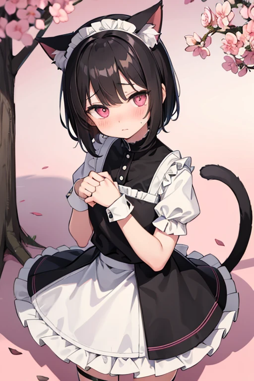 ・Girl・Black hair、Very short hair and droopy eyes、Pink eyes, cat ears, animal hands, blushing, young, short sleeves、The skirt is short、Maid uniform