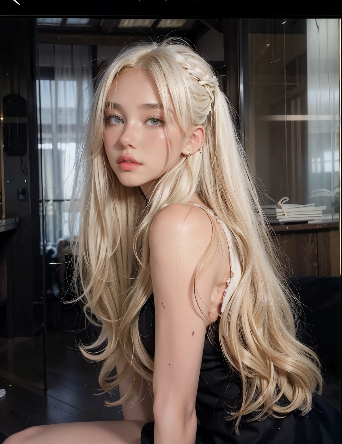 Blonde woman with long hair and piercings posing for a photo., with long white hair, with long white hair, perfect white haired girl, ava max, tifa lockhart with white hair, pale porcelain white skin, anime girl in real life,  with white hair, extremely light blonde hair, very light blonde hair, with long blonde hair, Her hair is white