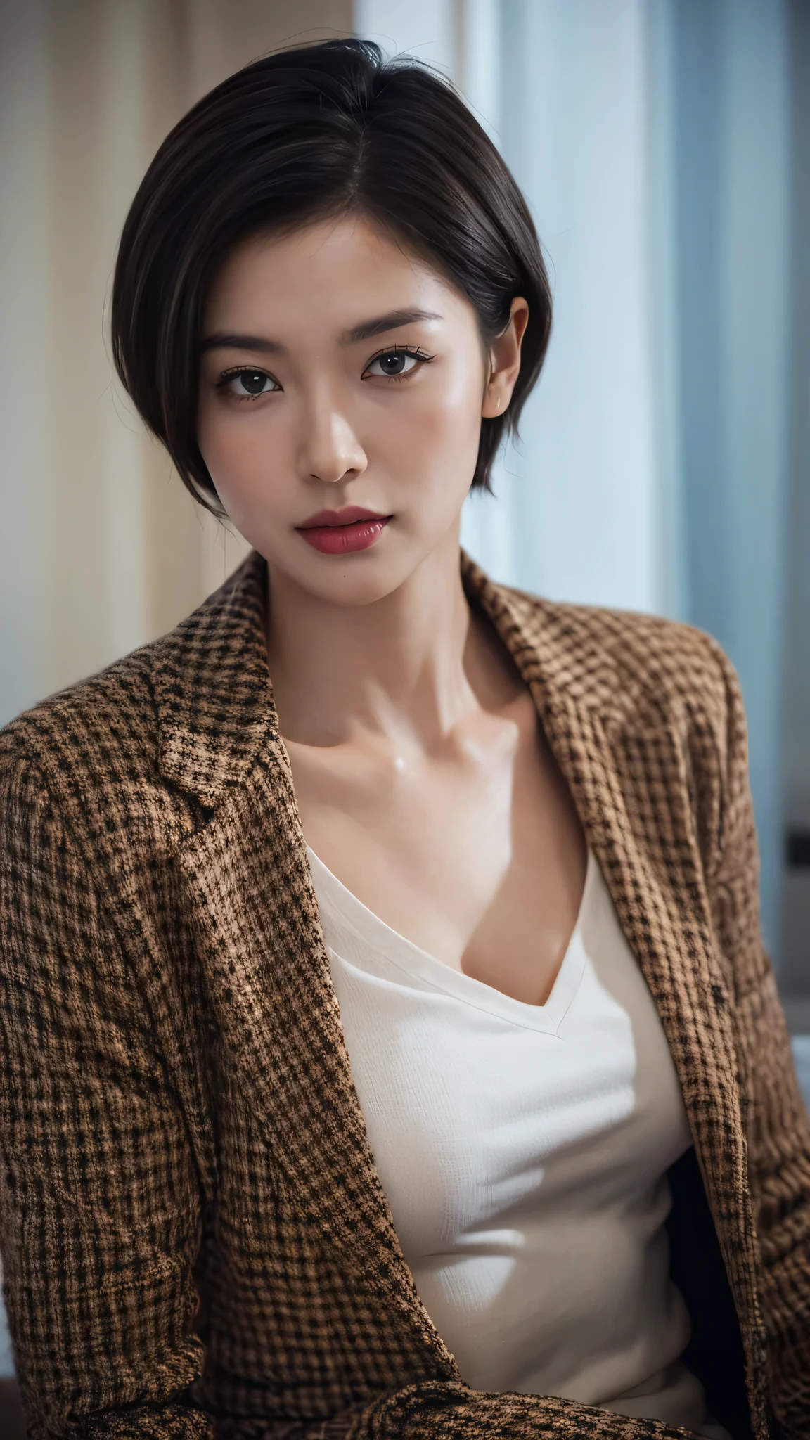 40 years old、woman、criminal、(suit),Career woman、 Very Short Hair、Looking into the camera、sexy、Cool look、Harsh eyes、Intimidating、Large Breasts、Slanted Eyes、Narrow eyes、Perfect Style、Red Lip、High image quality、High resolution、High resolution, masterpiece, Anatomically correct, Ultra high definition, Textured skin, Detective Agency、solo,