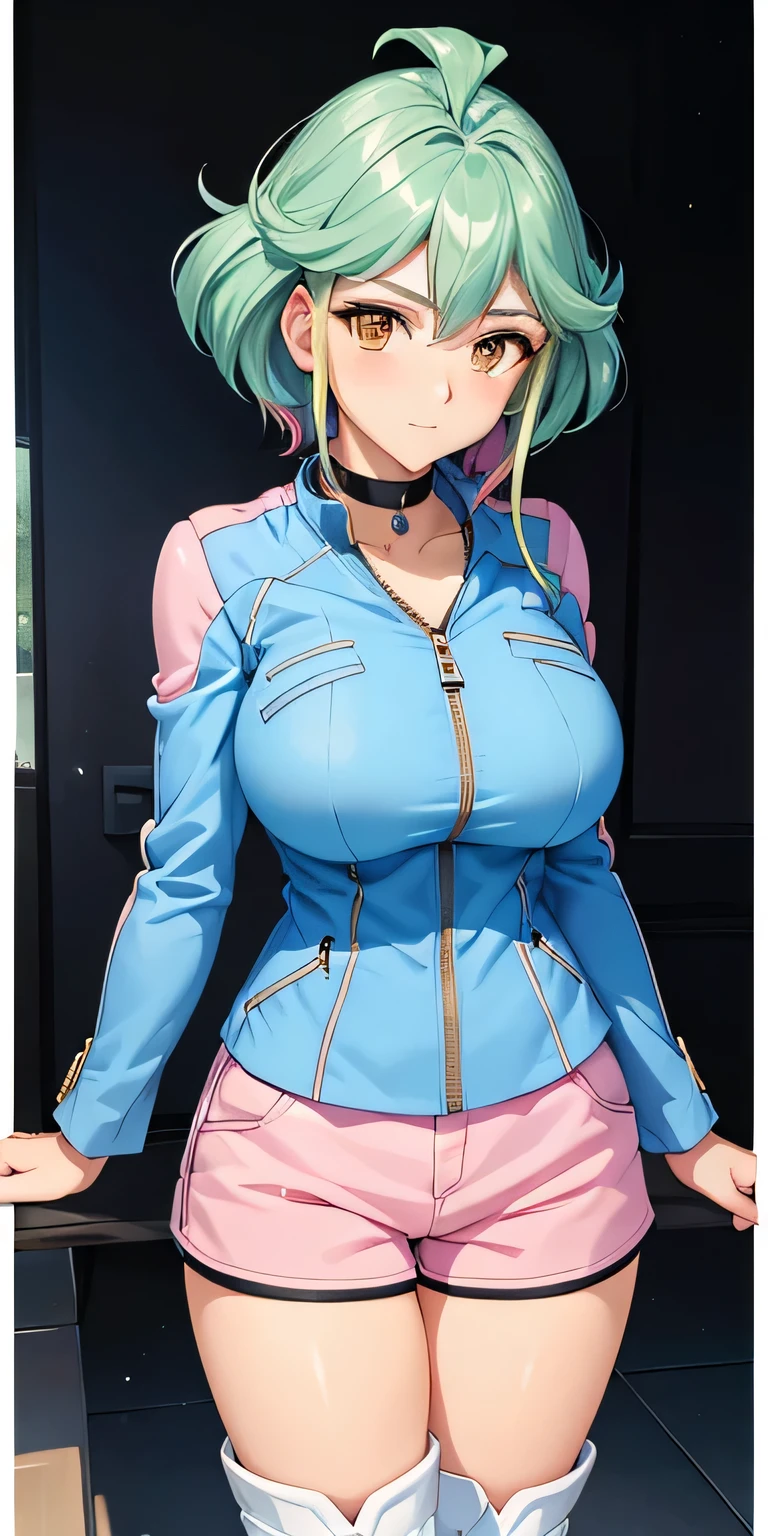 1 Female,High definition,high resolution,Ultra-realistic,8K, rin_arc_v,blue jacket,long sleeves,black choker,pink shorts,white thighs boots, multicolored hair,yellow eyes,European,sexy,Upper body close-up,Photographed from the front,Dynamic Angles,private teacher,blush, huge tits, nipples ,show tits , pretty  ,(pov , closed shot:1.3)