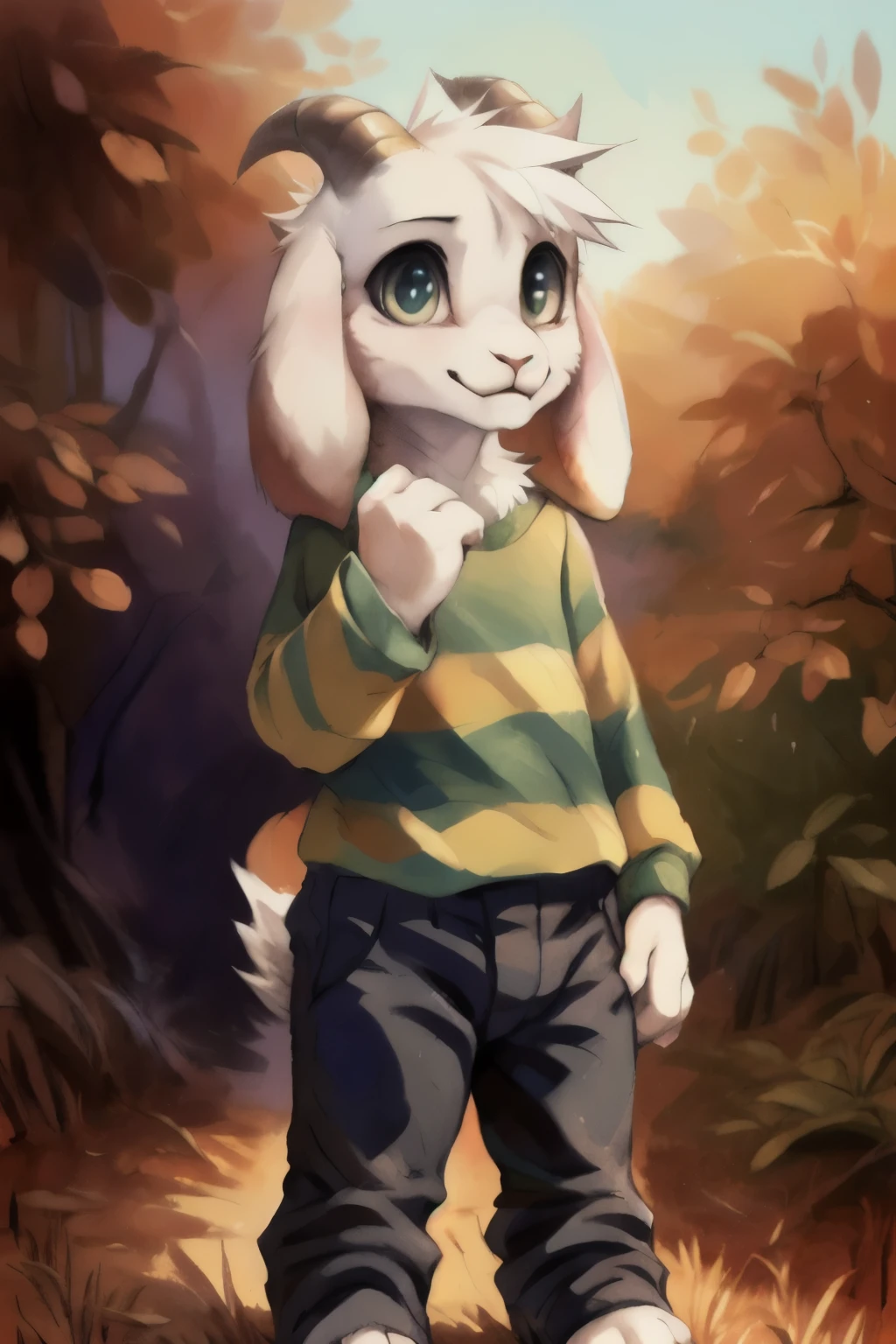 solo, 1boy, goat ears, masterpiece, high detail, kid, green t-shirt, pants, (realistic, photography \(artwork\) :1.3), hires, by fumiko, by matsuura, by kenket, by dagasi, by niichan, [by badwingm], (by silverfox5213:0.9), fluffy, tail