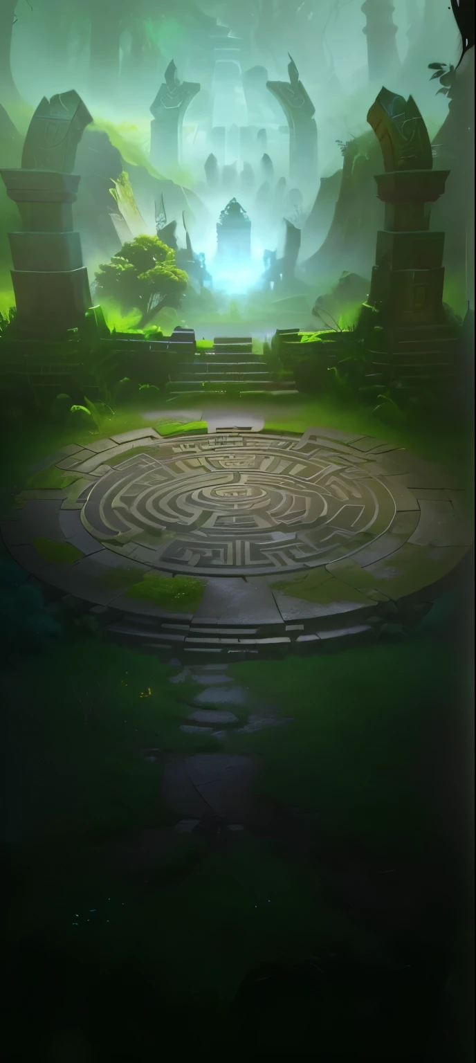 Close up of a circular maze with many trees in a forest, Mysterious temple environment, Riot Games Concept Art, Lost Temple, League of Legends concept art, odin's stone Arena Background, Arena Background, 8k hd wallpaper jpeg artifacts, 8k hd wallpaper jpeg artifacts, dota 2 concept art, Temple Background, Secret overgrown temple