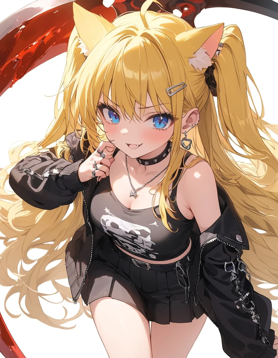 One girl,Alone,Cat ears and tail,Angry face、shout、Very angry、（(Golden Hair))，((Long Hair))，Teenage Girls,Clearアイズ，(Blue Eyes),yellow hair、two side up,Earrings、Hair clip、necklace、ring、Wearing punk rock clothes ,mini skirt,Knee-high、Cyberpunk woman detailed silhouette, masterpiece、best quality、high resolution、((He has a giant blood scythe with mechanical designs built into it.))、Very detailed、Clear,Thighs,Beautiful legs、Clearな白い肌、Yellow and black gradient background, Depth perception、Simple Background,Great graphics、