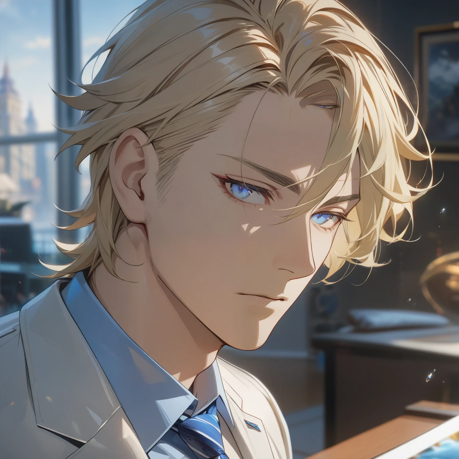 a highly detailed portrait of a handsome blond-haired man with icy blue eyes,short wavy hair,square jaw,mature expression,seductive look,white suit,tie,buttoned-up shirt,(best quality,4k,8k,highres,masterpiece:1.2),ultra-detailed,HDR,UHD,ultra-fine painting,sharp focus,professional,vivid colors,yana toboso 