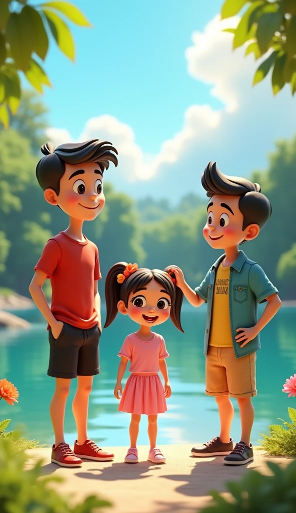 3D image of an skinny male teen wearing a black shorts and a red shirt, then near with him is cute     wearing an pinkdress  then standing near her is a   teen wearing a shorts and a yellow shirt the same height  to the person near them are the  40 years old man wearing a powder blue beach shirts with a design. comic, photo realistic, photo realism, 4K, HD, disney pixar. They are  swimming and playing on beautiful river in a sunny day. The 3 males are almost the same in height, photo realism, photo realistic. full details