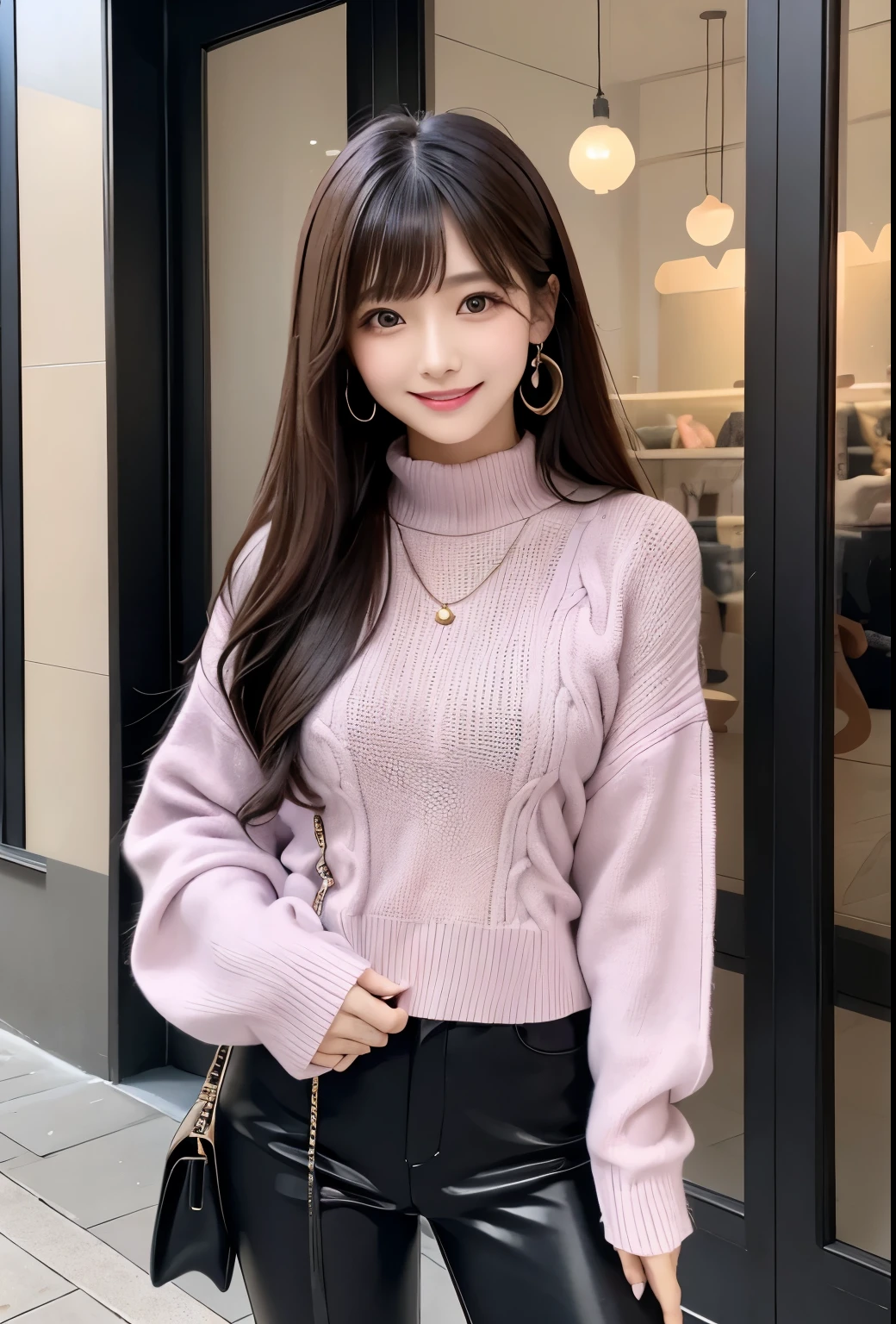 masterpiece、Highest quality、whole body、One Girl、bangs、Japanese、Black Long Hair、knit、cat、Purple、smile、alone、Stylish woman、pastel colored outfits、front、Luxury background elements、Confident expression、Modern and trendy、Fashion focus
