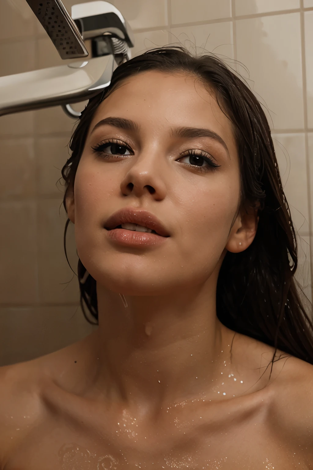 Upper body photo of white woman in 20s, perfect face, long curly brown hair, in sauna, naked, soaked in cum, on all fours