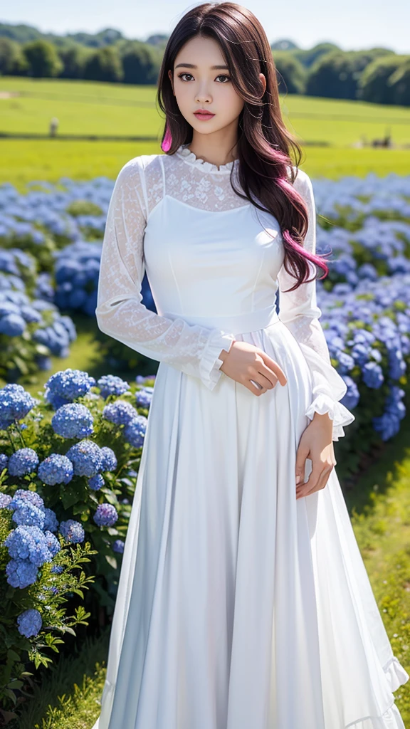 masterpiece, Ultra-high resolution, 4K, Best Quality, 1 person, whole body, Beautiful and exquisite face, Beautiful, smooth skin, Skin Texture, Baby Face, high school student, 1, Dynamic pose, Medium Hair, Flower Field, ,Nemophila scenery, (White long-sleeved dress with long skirt and frills), Shiny Hair, Curly Hair, Long Hair, Pink mesh hair, Standing pose,