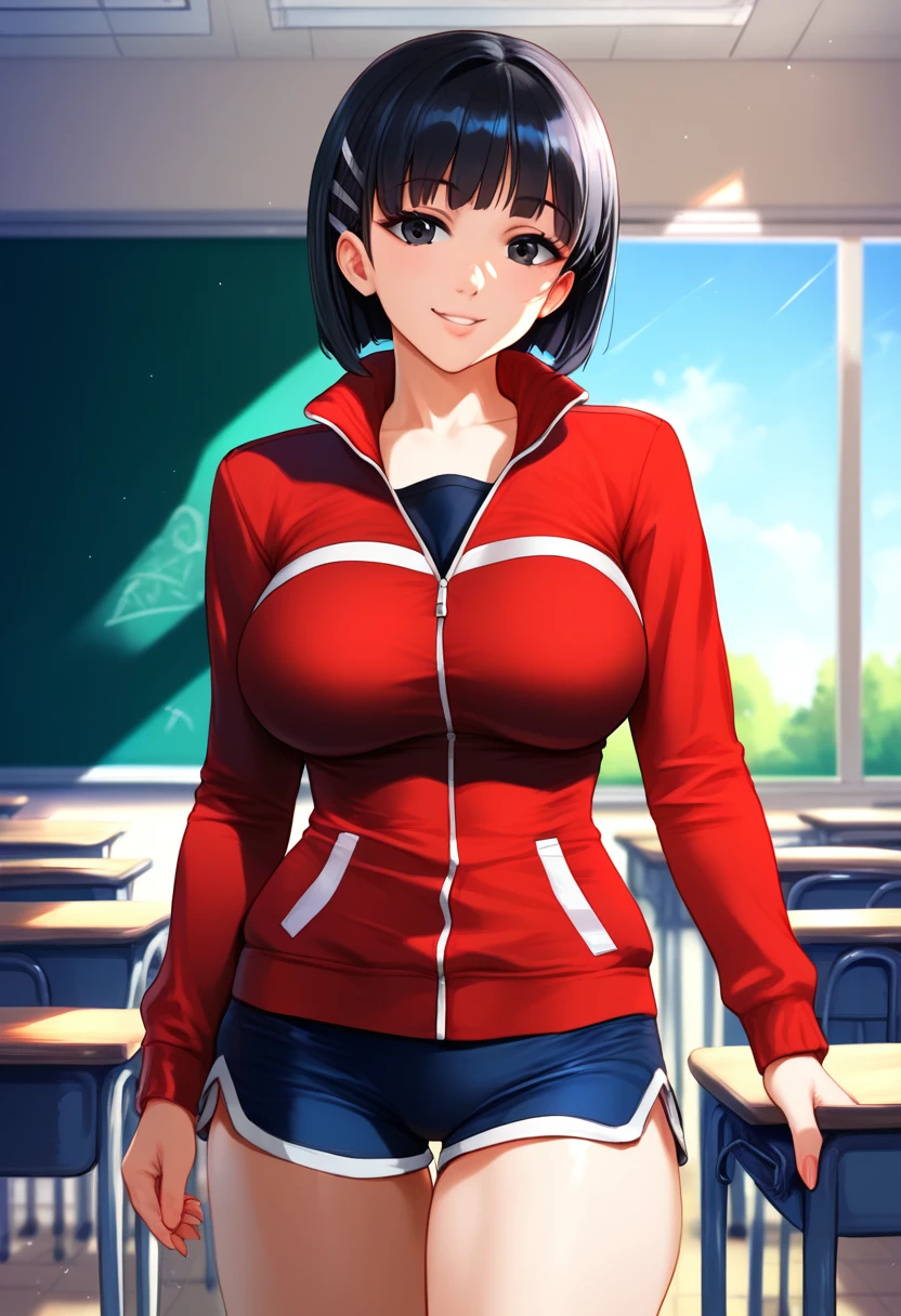 (masterpiece), (Best quality), (Very detailed), (high resolution), (8Khighres), (cel anime), (detailed beautiful face and eyes), (textile shading), (cowboy shot), (classroom), jelosugutk, black hair, black eyes, hairclip, track jacket, red jacket, black undershirt, dolphin shorts, beautiful breasts, walking, smile,,