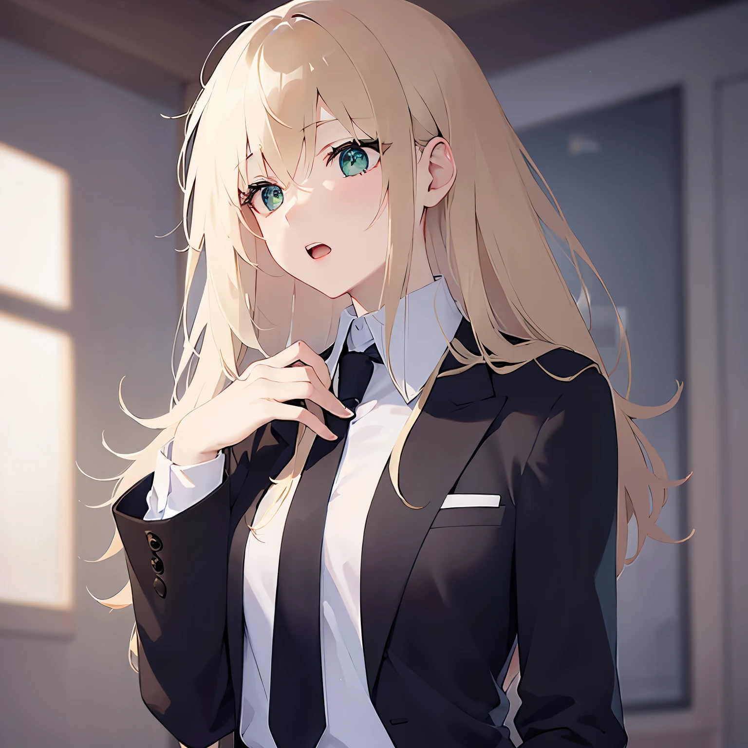 ((masterpiece)), (textured skin), ((high details)), best quality, award winning, 8k, ((beautiful woman)), beautiful lady in male clothing, (gray suit, navy tie), white shirt, ((three-piece suit)), blonde hair, very long hair, straight hair, hair spread out, floating hair, at revenue, Business person, consultant, ((Brush her hair up))