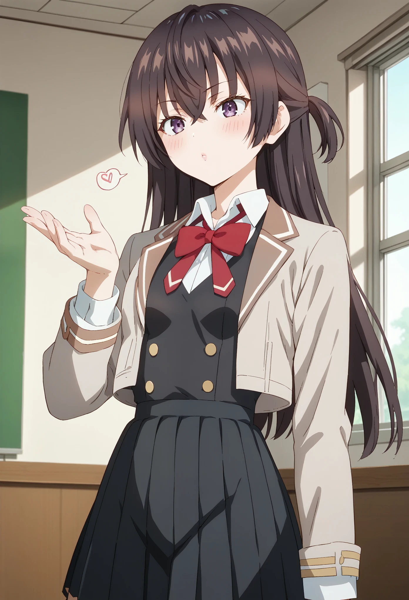 Score_9, Score_8_up, Score_7_up, ASCII masterpiece, source_anime, BREAK, 1girl, solo, yukisou, yukisou, long hair, bangs, brown hair, black hair, hair between the eyes, purple eyes, half up, small breasts, clavicle, from the front, school uniform, jacket, white shirt, collared shirt, black vest, bow tie, red bow, jacket, red bow tie, black skirt, pleated skirt,slim body, slim waist, thighs, blush, indoors, (Beautiful, small breasts: 1.2), natural breasts, focus face, pink lips(blowing kisses) 