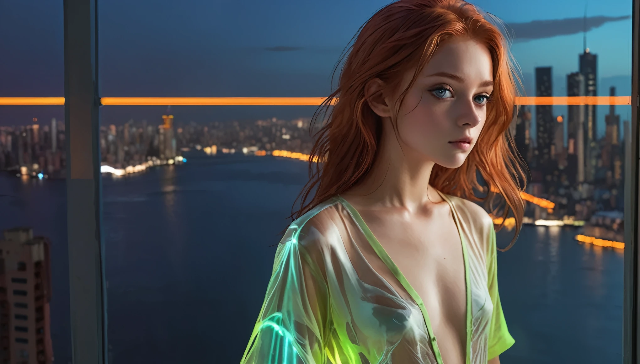 Top Quality, Masterpiece, High Resolution, 8k, (((skinny girl in an oversized sheer silk blouse with plunging cleavage, random neon color, short sleeves, see-through, wide neckline, deep neckline, big natural breasts, beautiful detailed eyes, small closed mouth, extremely detailed face, random red hair style, small hips, in a cyberpunk apartment next to a window))), intricate details, at night, random pose, full body view