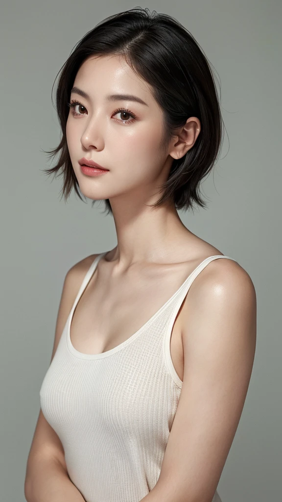 High resolution, masterpiece, Anatomically correct, Winner of numerous awards, Best Quality, Ultra high definition, Textured skin, woman、Very short hair with a center part、40 years old、Large Breasts、Perfect Style、Face close-up、White tank top、Looking at the camera、