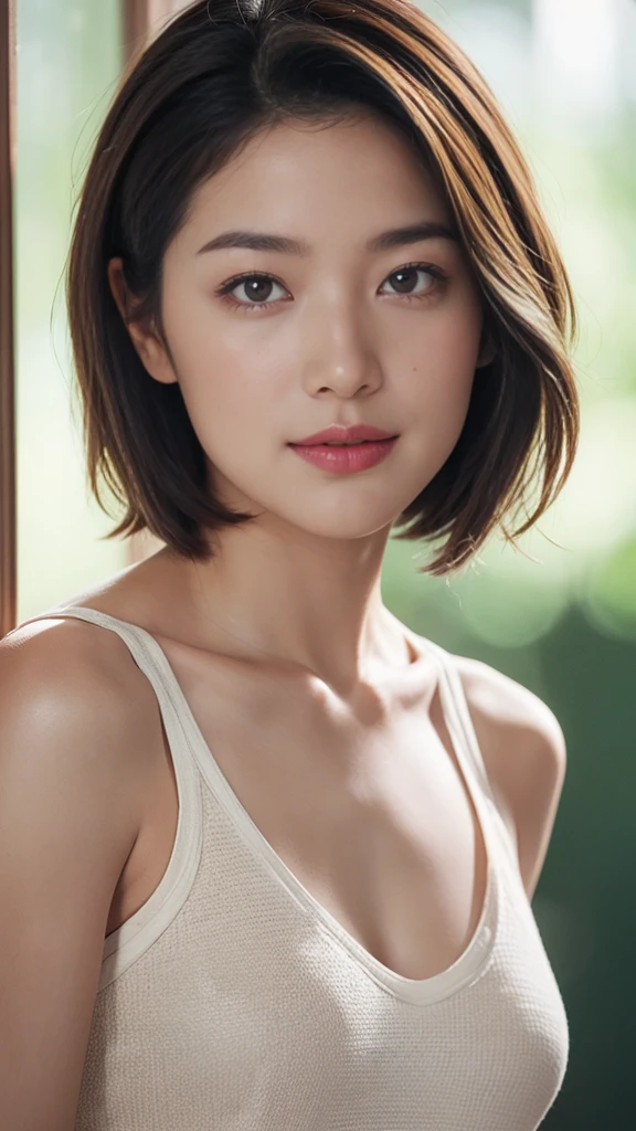 High resolution, masterpiece, Anatomically correct, Winner of numerous awards, Best Quality, Ultra high definition, Textured skin, woman、Center parted very short hair、40 years old、Large Breasts、Perfect Style、Face close-up、White tank top、Looking at the camera、