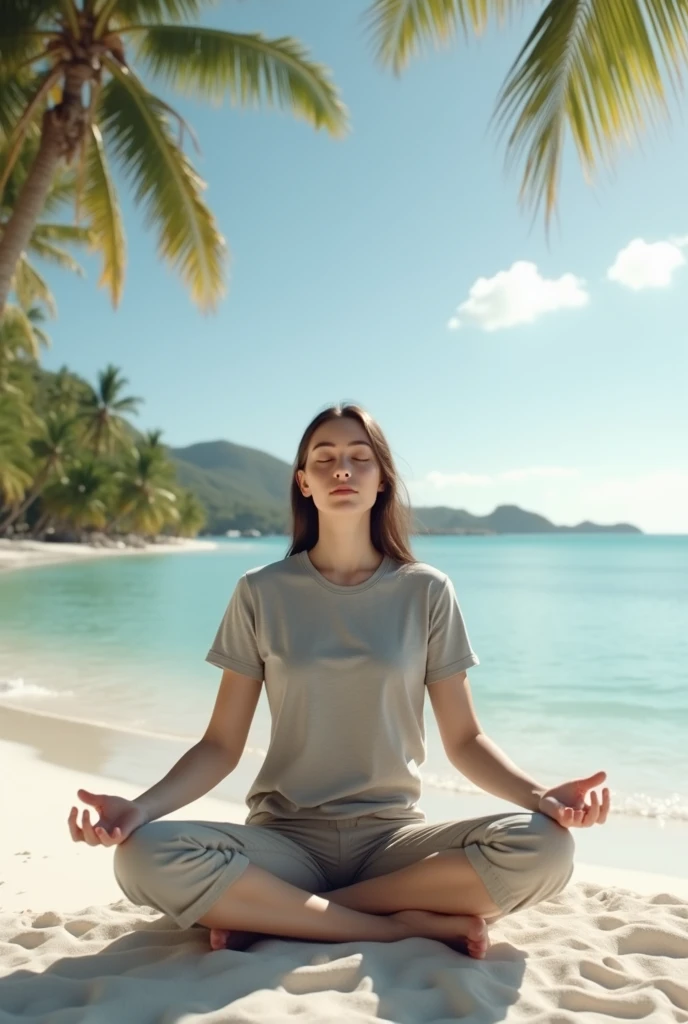 A serene sunrise beach scene. A woman with her hair neatly tied in a high bun, dressed in a pink spaghetti strap top and knee-length blue leggings, is sitting on the sand in a cross-legged yoga pose, facing the vast ocean. The woman occupies about 1/5 of the picture. The early morning sun, visible in the distance, casts a gentle golden glow on the calm waves. Behind her, a young boy plays with sand. Next to her, there is a small woven basket with a bouquet of white baby's breath flowers, a notebook, and a straw hat. In the background, green mountains line the horizon, with a few seagulls flying gracefully in the sky above the sea. The image is in a wide 16:9 aspect ratio, capturing the full expanse of the beach and the sunlight reflecting off the water