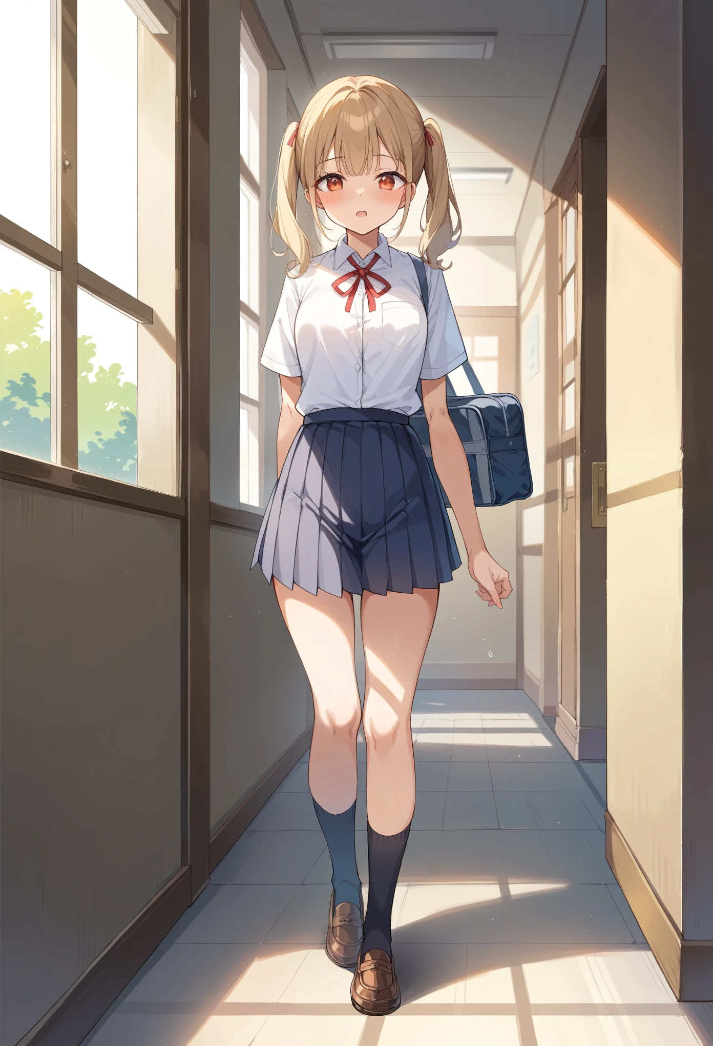 score_9, score_8_up, score_7_up, score_6, score_5, score_4,rating_Explicit, score_anime, masterpiece, best quality, delicate illustration, sharp line, sharp focus, BREAK a girl, (uniform(White Shirt、Red ribbon tie、Pleated skirt、Black short ankle socks)), Beige long hair、twintails,Loafers on the way to school、A peaceful morning on the way to school in Japan。Soft sunlight pours in through the large windows.、Casting a warm light。In the soft light of the morning、It captures quiet, intimate moments.。Walking along the school route,I have a school bag、