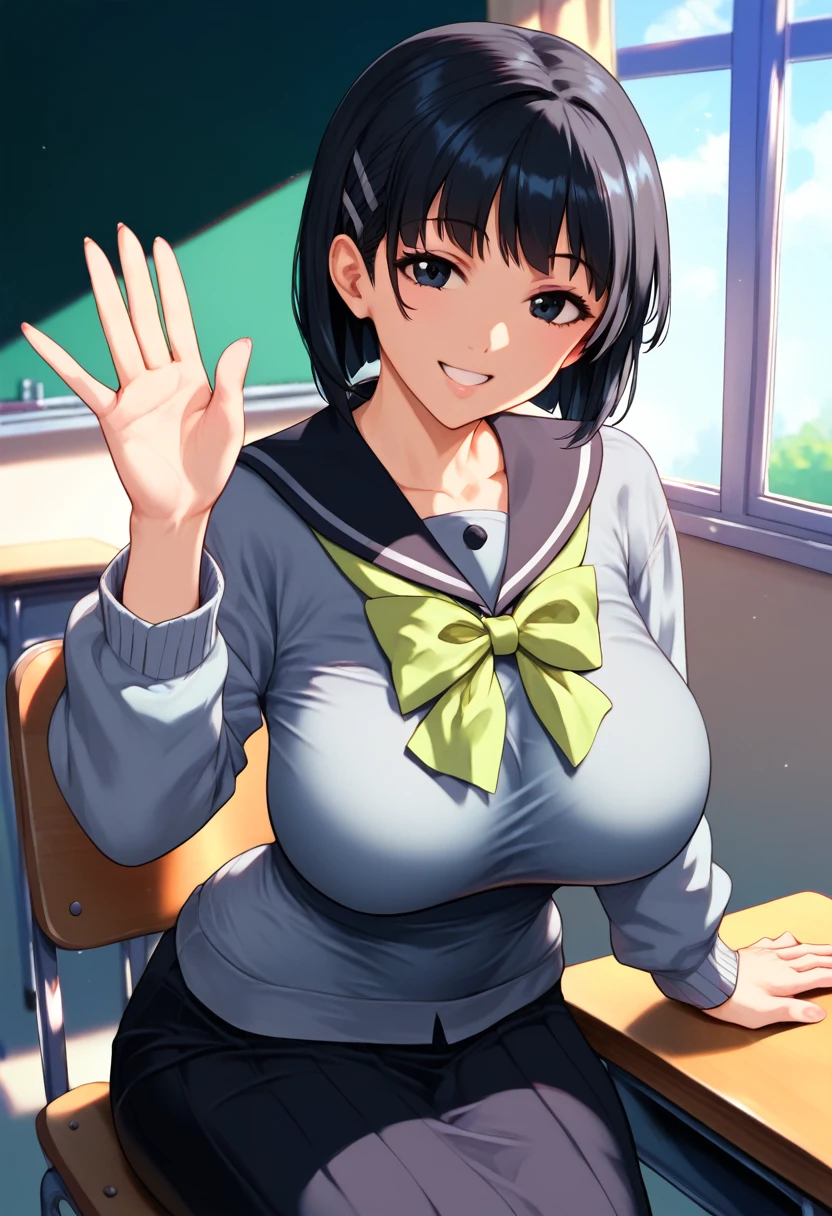 (masterpiece), (Best quality), (Very detailed), (high resolution), (8Khighres), (cel anime), (detailed beautiful face and eyes), (textile shading), (cowboy shot), (classroom), jelosugusu, black hair, black eyes, hairclip,black sailor collar, green neckerchief, oversized clothes, grey cardigan, black skirt, miniskirt, beautiful breasts, sitting, chair, happy, smile, waving,