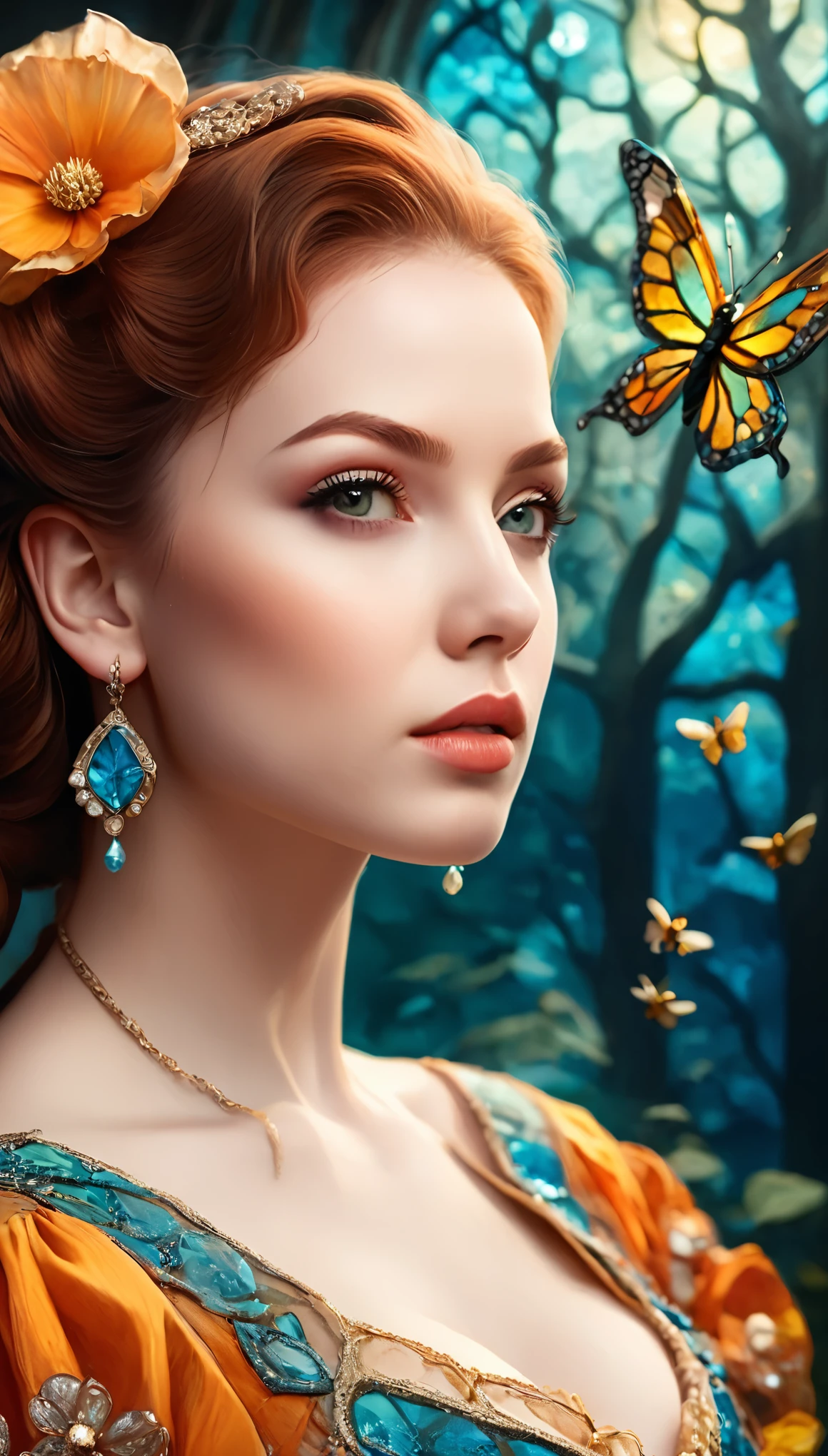 "Girl with a Pearl Earring", fantasy realism, double exposure, two parts in one art, full copy, masterpiece reproduction, pale skin, yellow and blue and orange and white color palette, complex colors, Craola, Dan Mumford, Andy Kehoe, patchwork, stained glass, night, forest, fireflies, detailed sky, cotton clouds, 2d, flat, cute, adorable, vintage, art on a cracked paper, . storybook detailed illustration, cinematic, ultra highly detailed, tiny details, beautiful details, mystical, luminism, vibrant colors