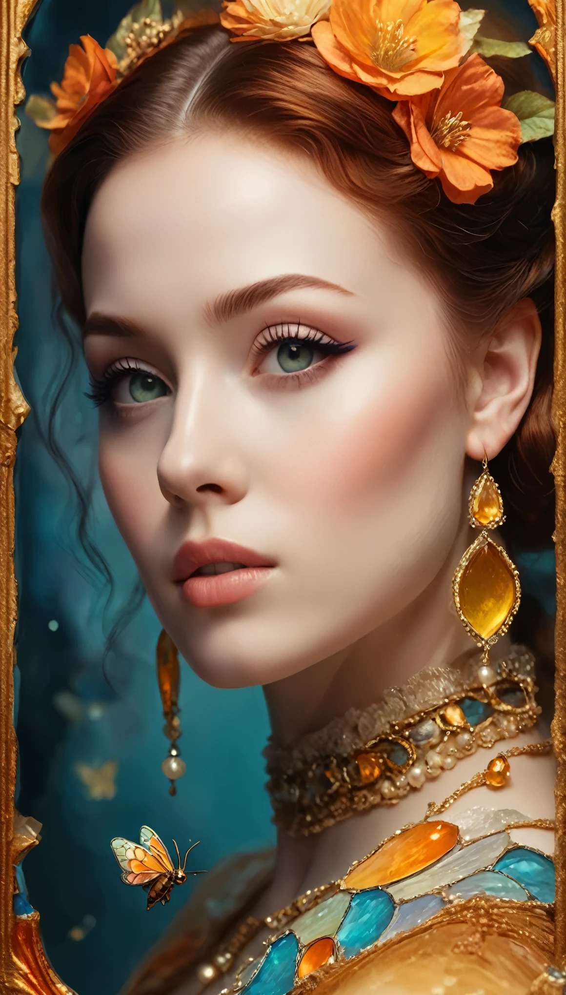 "Girl with a Pearl Earring", fantasy realism, double exposure, two parts in one art, full copy, masterpiece reproduction, pale skin, yellow and blue and orange and white color palette, complex colors, Craola, Dan Mumford, Andy Kehoe, patchwork, stained glass, night, forest, fireflies, detailed sky, cotton clouds, 2d, flat, cute, adorable, vintage, art on a cracked paper, . storybook detailed illustration, cinematic, ultra highly detailed, tiny details, beautiful details, mystical, luminism, vibrant colors