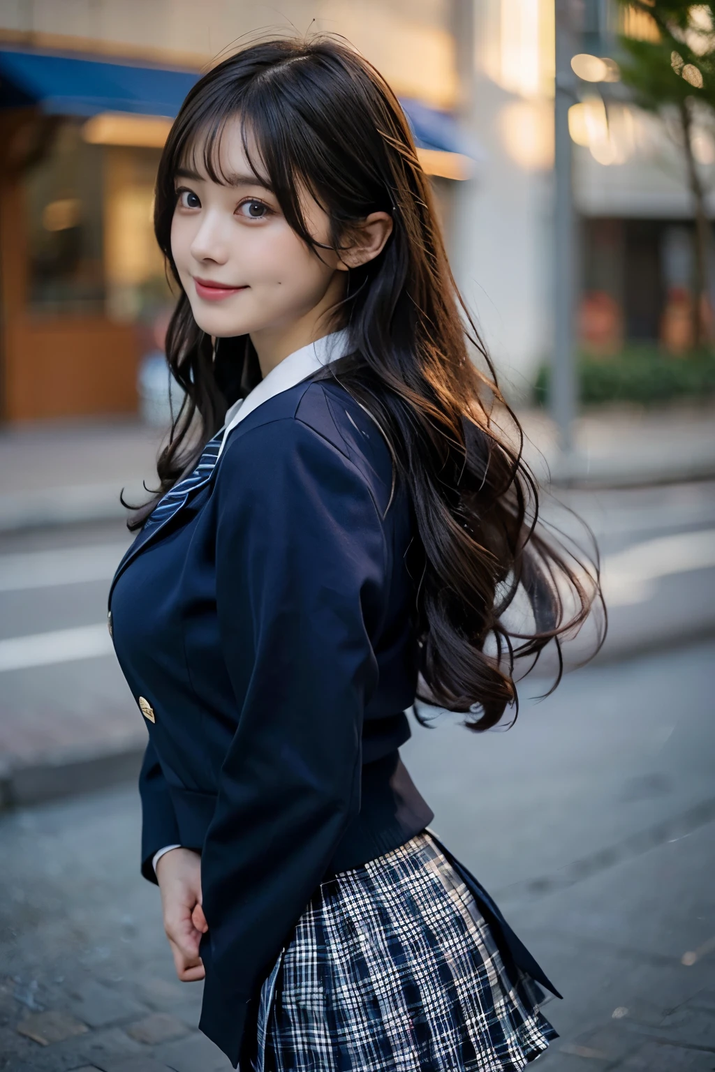 (masterpiece, highest quality:1.4), award-winning portraits, 8K, 85mm, alone, beautiful face, delicate girl, , (dark navy blazer jacket), dark navy skirt, long sleeve, violaces, gardenia, grace, Sophisticated, cute, teen, looking at the viewer, 15 years old, Raw photo, disorganized, HDR, sharp focus, A bow tie, background bokeh、(((flat 、thin and delicate body、A childish atmosphere)))、Her shiny semi-long hair is tied up、hair swaying in the wind、Mole on the left cheek、large, round, dark blue eyes、full body、random pose、Run、sprinting、Skirt fluttering in the wind、Junior idol、Nogizaka Idol、widening skirt、jump、mole under eye、sexy、No panties