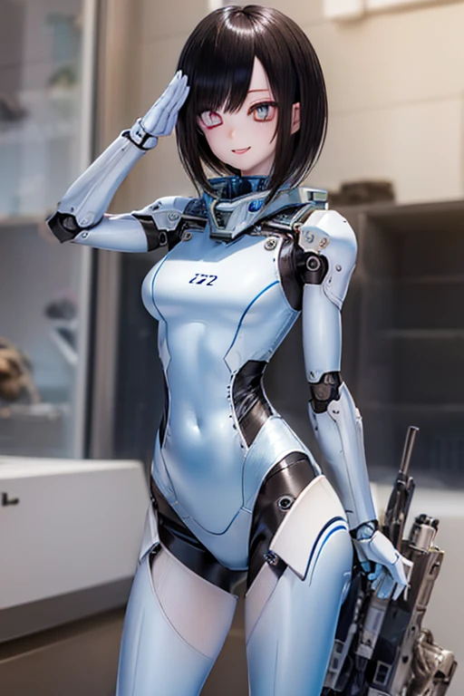 White combat suit with blue pattern, pretty girl, Pixie Cut Hair, Small breasts, Flat Chest, Outdoor, blue sky, Canon, masterpiece, high quality, Attention to detail, Textured skin