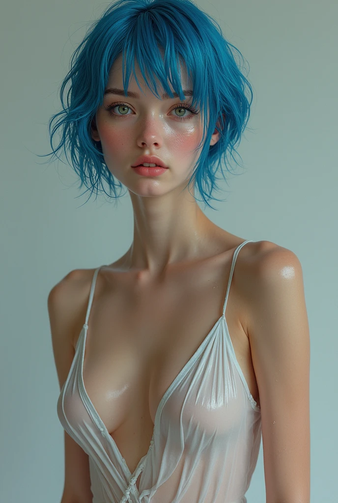 A realistic rendering of a David Wright style illustration of a very close shot, ultra close shot on the breasts of pert, nubile, thin, freckled girls with 50s style, very short blue hair, bows in hair, topless, tiny breasts, bare breasts, small breasts, bare crotch, exposed crotch, pink nipples , puffy nipples , exposed nipples , wearing spiked, pink bondage straps, black, spiked choker necklace, a silver chain wrapped around body, open, white blouse, white lace collar, open light blue, fuzzy sweater, undressing, uniform, partially clothed, silver art deco design background, ultra close shot on breasts