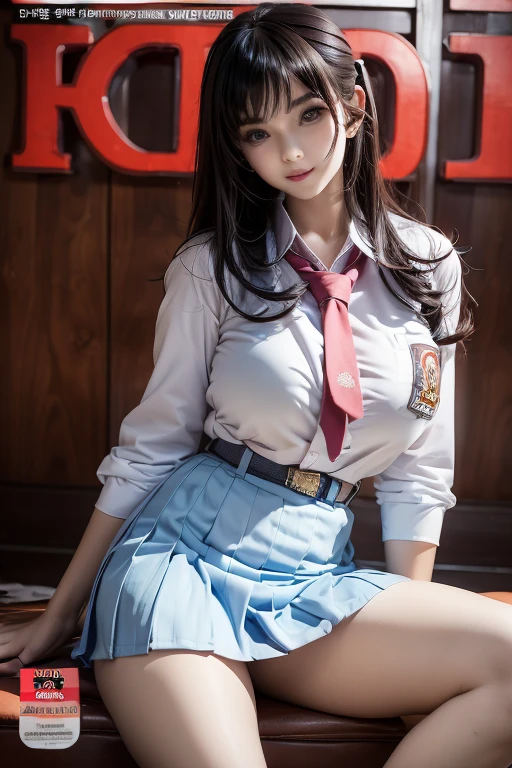 tokisaki kurumi,sobu high ,cosplay,, blazer, collared shirt, neck ribbon, pleated skirt, pantyhose, hair rings, loafers,hair over one eye, low twintails, ((cowboy shot)), ((Bare shoulder)), ((Short hemlines, sexy long legs)), ((Elegant and charming posture, random view shots)), realistic detailed photo of a giant breasted girl with exposed shoulders, detailed fingers, high quality skin, red eyes, alone in a winter scene with clouds, wind, and flowing hair, (best quality,4k,8k,highres,masterpiece:1.2),ultra-detailed,(realistic,photorealistic,photo-realistic:1.37),studio lighting,vivid colors