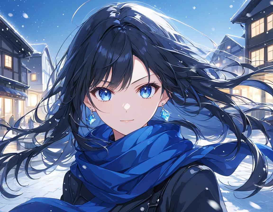 Anime Style,A woman glaring,Cute woman,In the Dark,Black Hair,Long Hair,Blowing in the Wind,blue eyes,In the Darkで輝く目,Like a sapphire,Earrings,Reflective,Emphasize blue Wear black winter clothing,jumper,Blue scarf,smile, The background is winter,Snowing town,Moderate blur Masterpiece,Best Quality,Exquisite,8k,Absurd,Ultra-detailed illustrations,(Watch the audience)