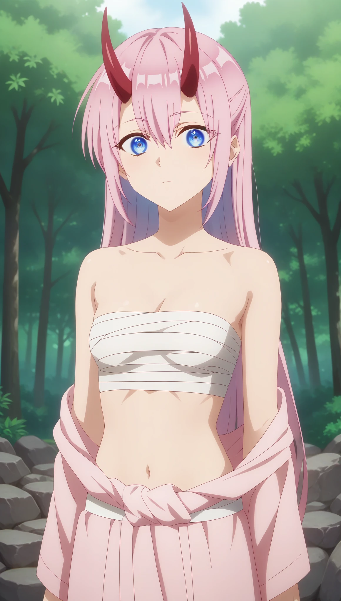 tall body, tall, long legs, mature female, mature, adult, EFT_Tensura_Milim, 1girl, blue eyes, pink hair, ahoge, long hair, twintails, hands on hips, navel, sky, thighhighs, solo, cloud, ((nude:1.4)), , outdoors, day, blue sky, breasts, looking at viewer, very long hair, small breasts, asymmetrical legwear, frown, closed mouth, rimuru tempest, midriff, bangs