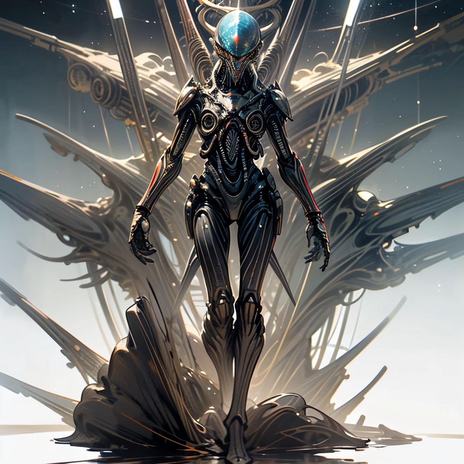 a uncanny feminine robot , highly skinny,long arms,long legs,big shoulder, beautiful glowing robotic eyes,full body,liquid reflecting metal and polished weird humanoid body, glossy metallic skin, advanced machinery alien parts, dynamic pose, dramatic lighting, landscape background, cinematic composition, 8k, high resolution, masterpiece