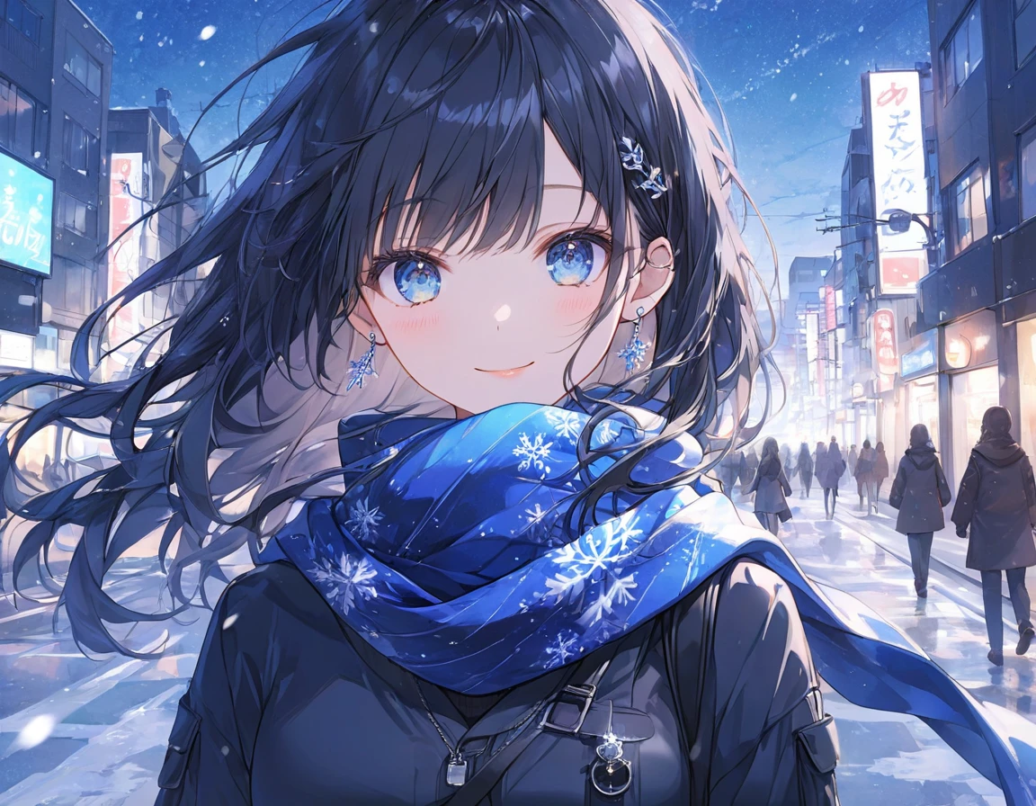 Anime Style,A smiling woman,lovely,Black Hair,Long Hair,Blowing in the Wind,blue eyes,Eyes glowing in the dark,Like a sapphire,Earrings,Reflective,Emphasize blue Wear black winter clothing,jumper,Blue scarf,smile, The background is winter,Snowing town,Shibuya City,Moderate blur Masterpiece,Best Quality,Exquisite,8k,Absurd,Ultra-detailed illustrations,(Watch the audience)