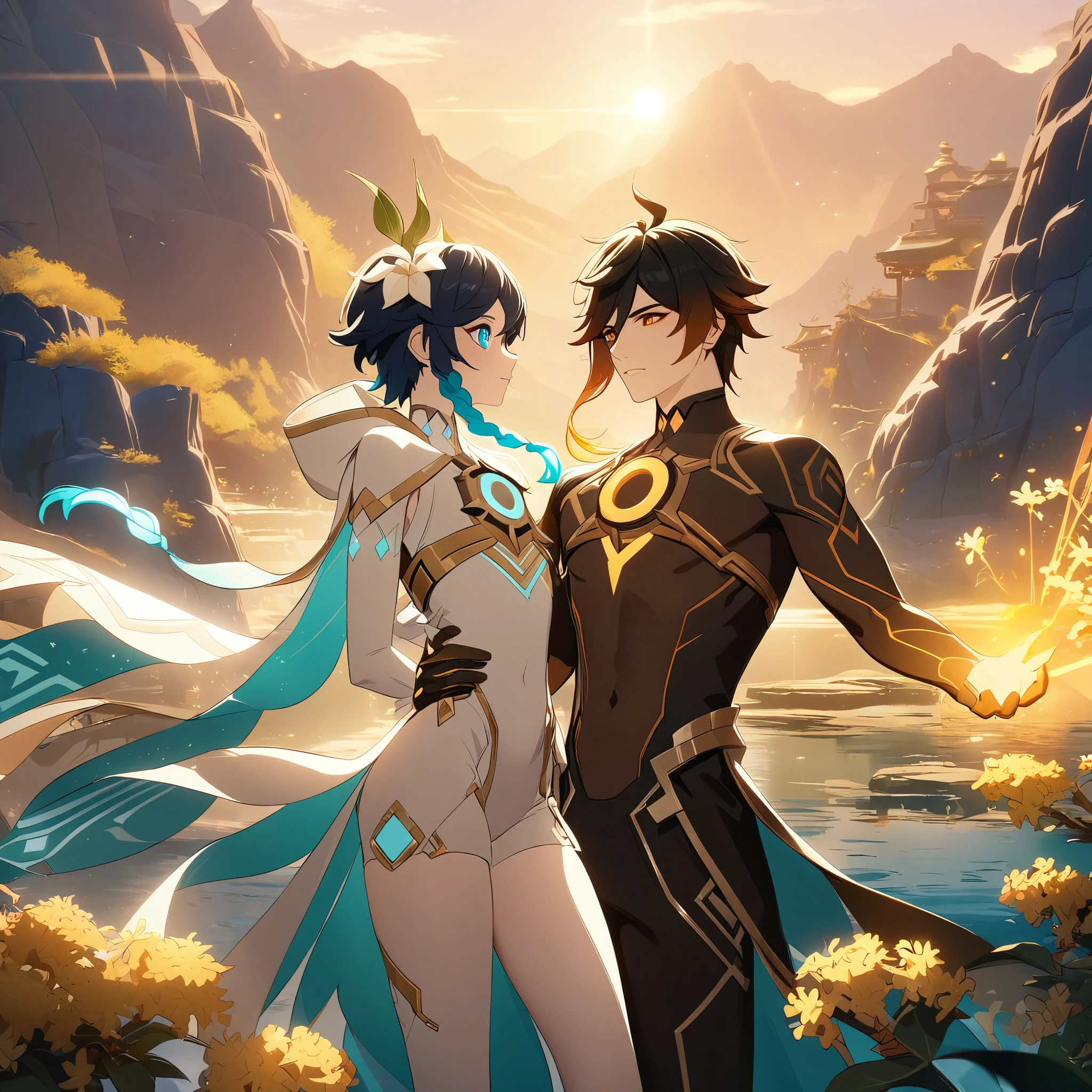 (best quality,4k,8k,highres,masterpiece:1.2),2boys,couple,zhongli_/(archon/)_/(genshin_impact/) embracing venti_/(archon/)_/(genshin_impact),male focus,intricately detailed,realistic:.4,intense eyes,narrow_waist,by carnelian, cel shading, fantasy china background, liyue, mountains,osmanthus flowers,male focus,romantic pair,volumetric lighting, sunset, golden illumination, wise and kind god,cinematic lighting, ray tracing, UHD, high details, high quality, award winning, super detail,vivid fantasy painting,hd color