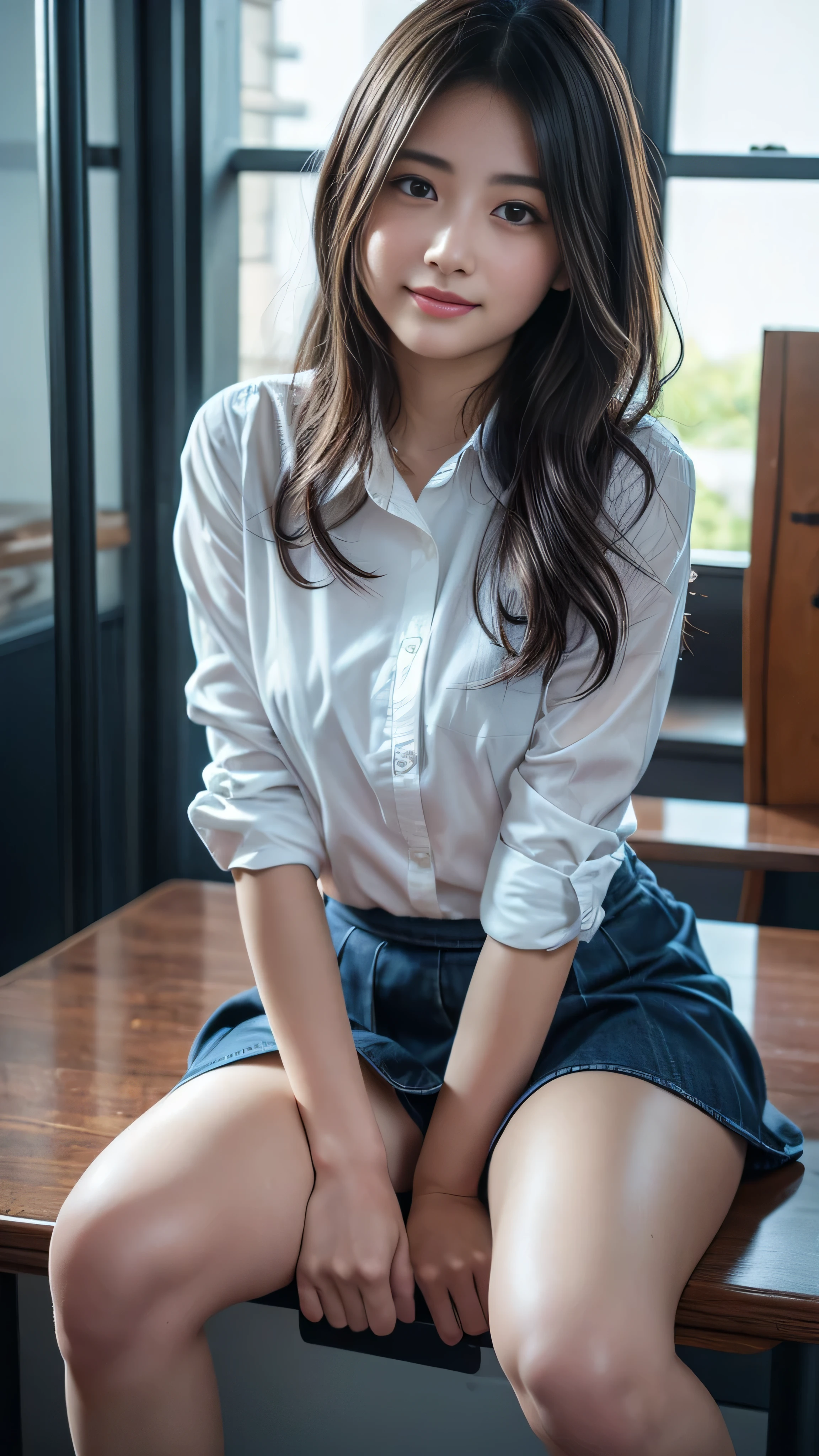 (Natural strawberry blonde and redhead girls with pretty faces), Cute pose, Happy wearing a white button shirt,  body, skinny, Atmospheric, Dark atmosphere, Edge lighting, Mao Akiyama、Sayaka Yamamoto、Jurina Matsui、Saito Asuka、Mao Akiyamaの顔の特徴8K, Full body portrait, elegant, Natural light, Spooky greenhouse at night, Sharp focus, (Highly detailed eyes and face, Professional photography techniques), (Beautiful small face, beautiful girl, high school student, Idol Face, Baby Face:1.4), smile, Happy, K UHD, Hmph, Beautiful and soft skin, Vibrant Skin, blush, (Chirarizum:1.3, Unbutton a white shirt:1.2), Beautiful breasts, Cleavage, (Small beautiful butt), The optimal ratio is four fingers to one thumb, Perfect proportions, (Perfect Anatomy:1.3), (Highest quality, Masterpiece, Highest quality, Ultra high definition, Photorealism:1.4)