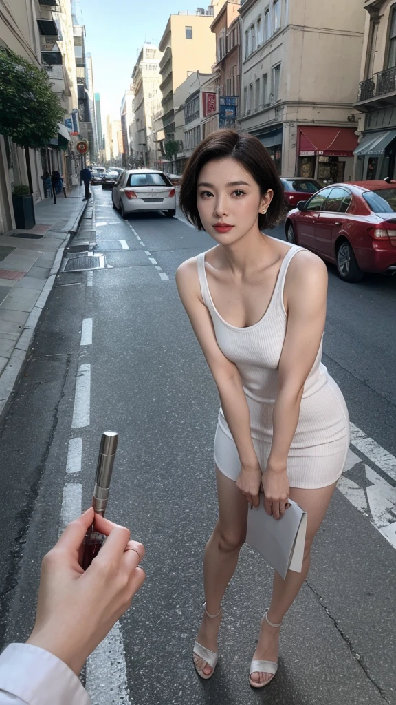 High resolution, masterpiece, Anatomically correct, Winner of numerous awards, Best Quality, Ultra high definition, Textured skin, woman、Center parted very short hair、40 years old、Large Breasts、Perfect Style、White tank top、Looking at the camera、Red Lip、Street Snap、Street Fashion、Full Body Shot、