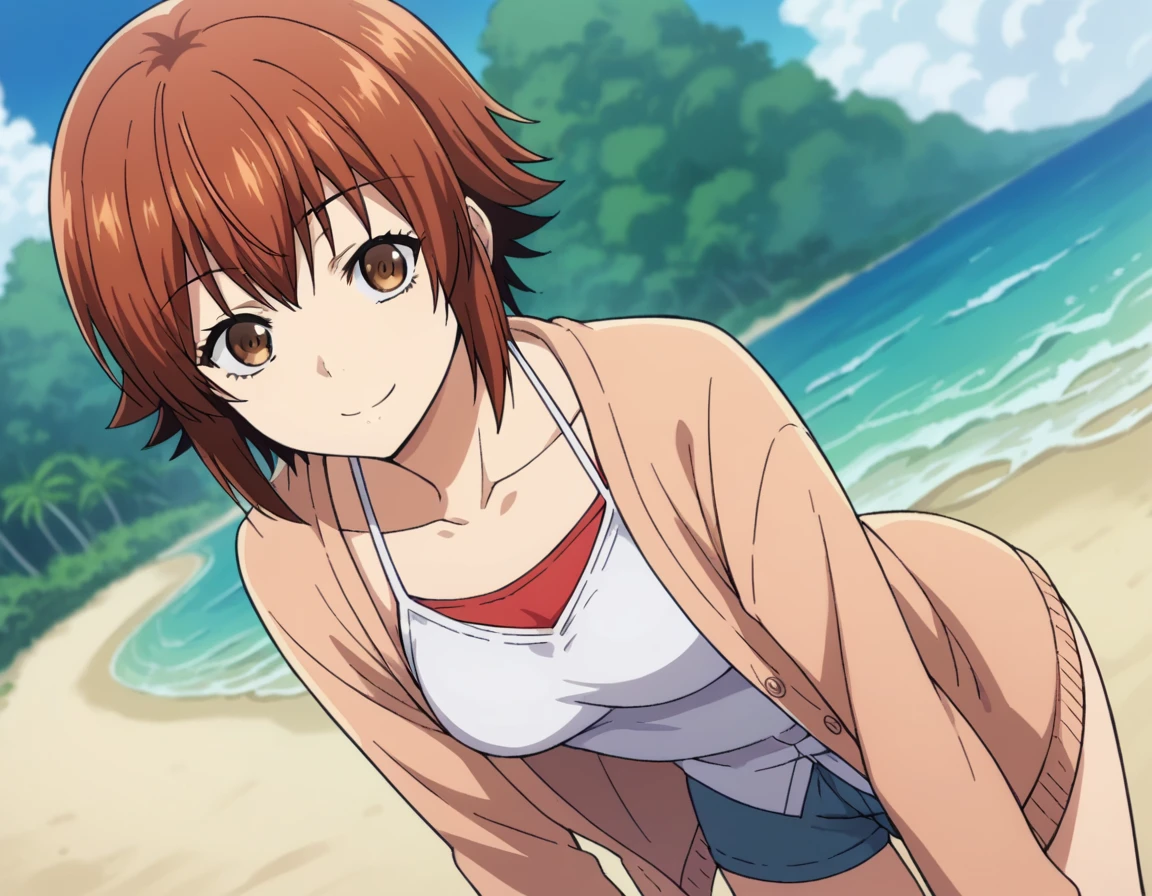 score_9, score_8_up, score_7_up, source_anime,
chisakotegawa,  chisa kotegawa, short hair, bangs, brown hair, brown eyes,
shirt, long sleeves, collarbone, white shirt, open clothes, cardigan, open cardigan,
outdoors, beach, bent over, smile,
looking at viewer, dutch angle, cowboy shot, solo,