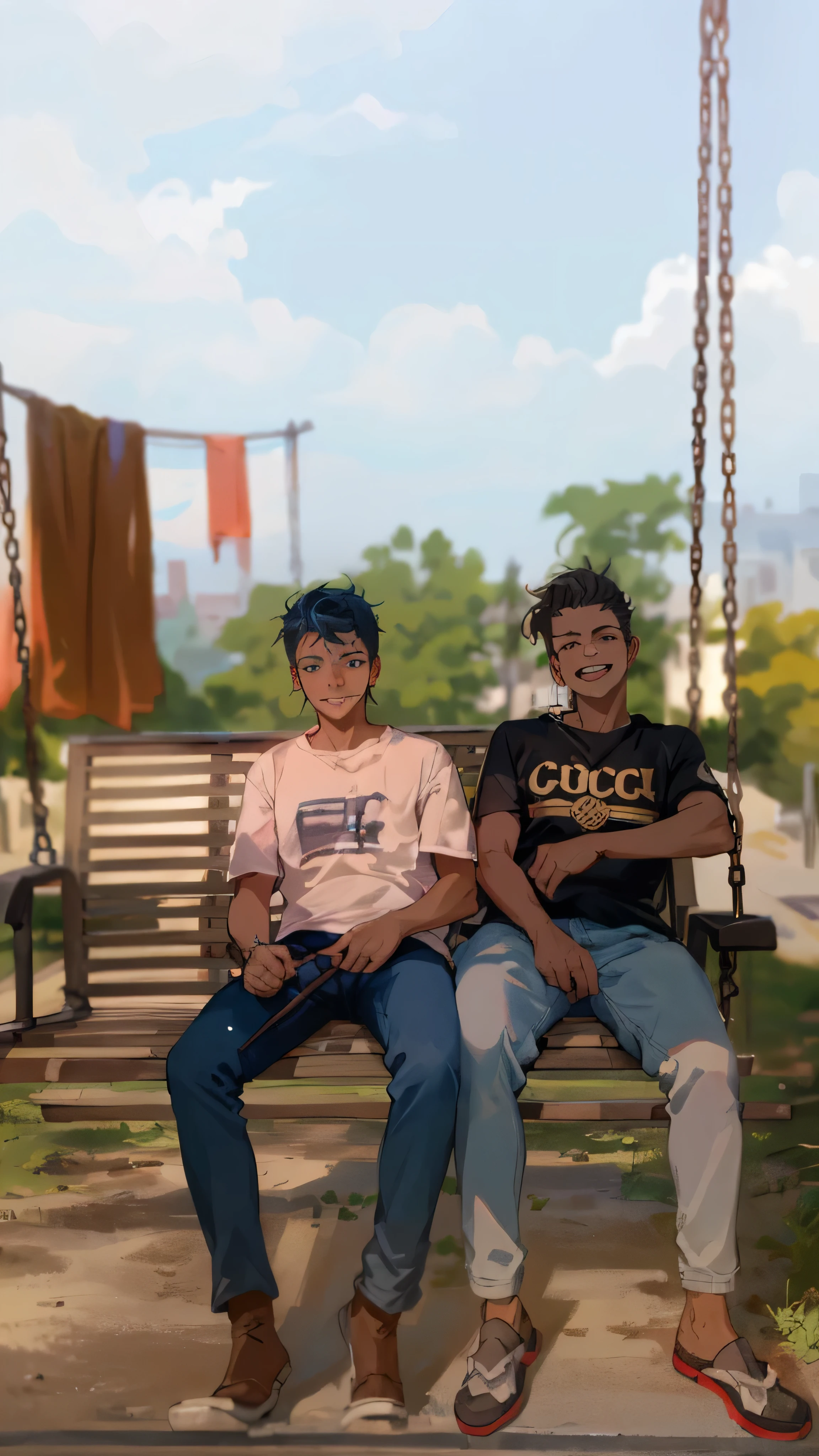 there are two men sitting on a swing together on the swings, ghutra and egal, photo taken with canon 5d, taken with sony alpha 9, shot with sony alpha, two young men, candid picture, shot on canon eos r 5, shot on canon eos r5, taken with canon 8 0 d, shot on nikon z9, with villageHD, (Best Detail), (Best Quality), Grimjo Jaegyaks, black boots, natural light, blue sky, angry eyes, smile, looking at the audience, full body,